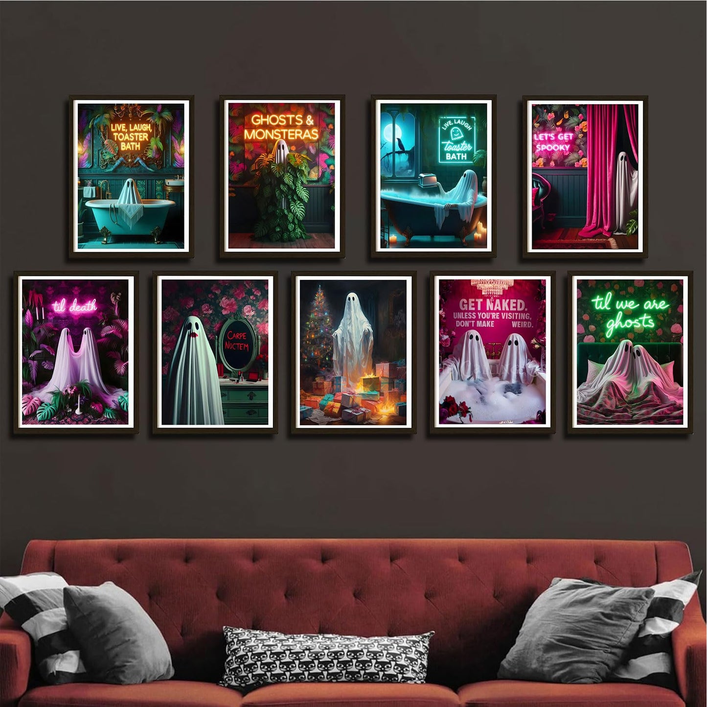 9Pcs Halloween Ghosts Canvas Wall Art Fashion Funny Gothic Romantic Couple Cute Ghost Wall Decor Pictures Horror Creepy Dark Academia Posters Prints for Modern Home Hotel Room Decoration Unframed