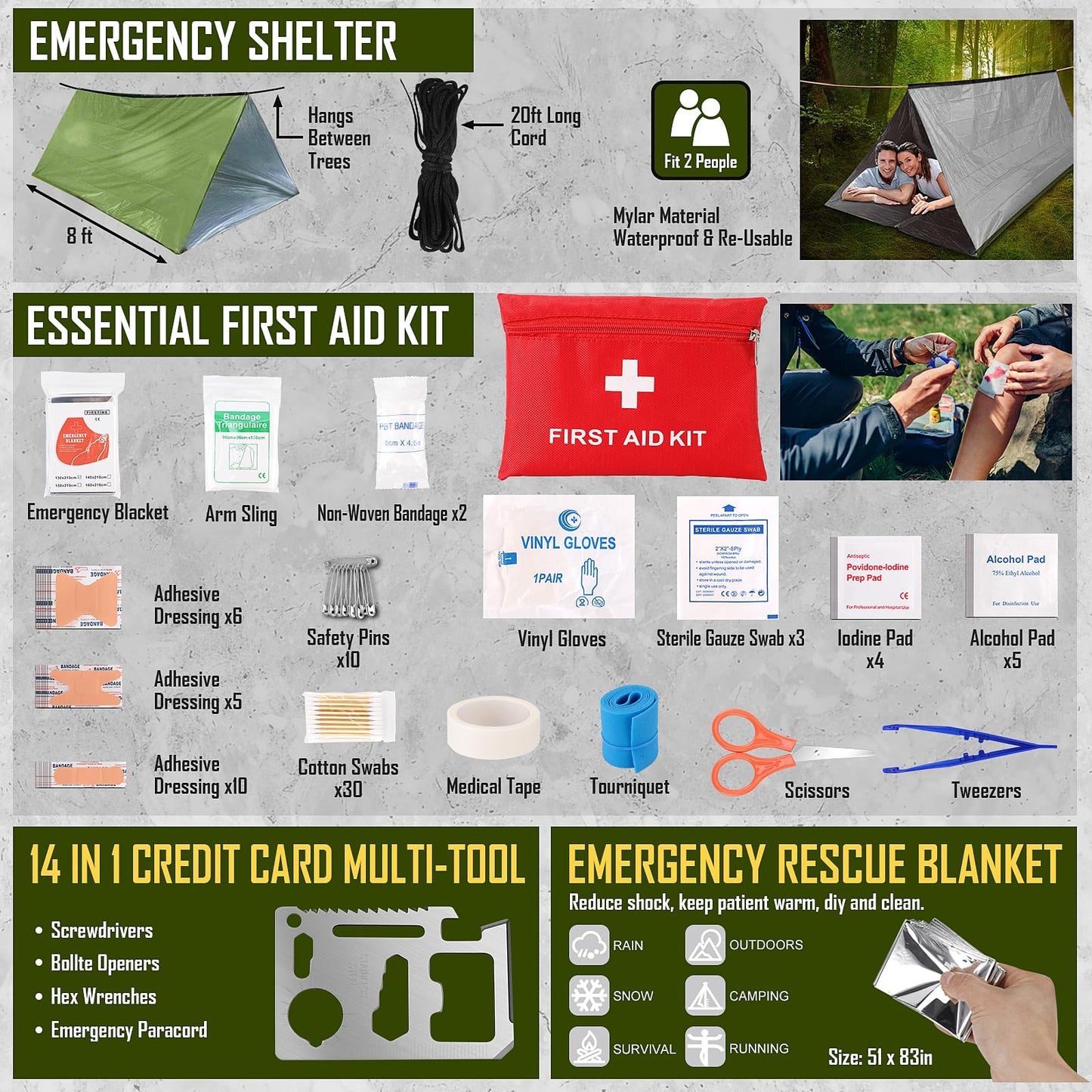 Survival Kit, 268 Pcs Emergency Survival Gear and Equipment Supplies with First Aid Kit, Camping Axe, Headlamp, Crossbody Bag for Camping Hiking, Hunting, Gift for Christmas Men, Dads,
