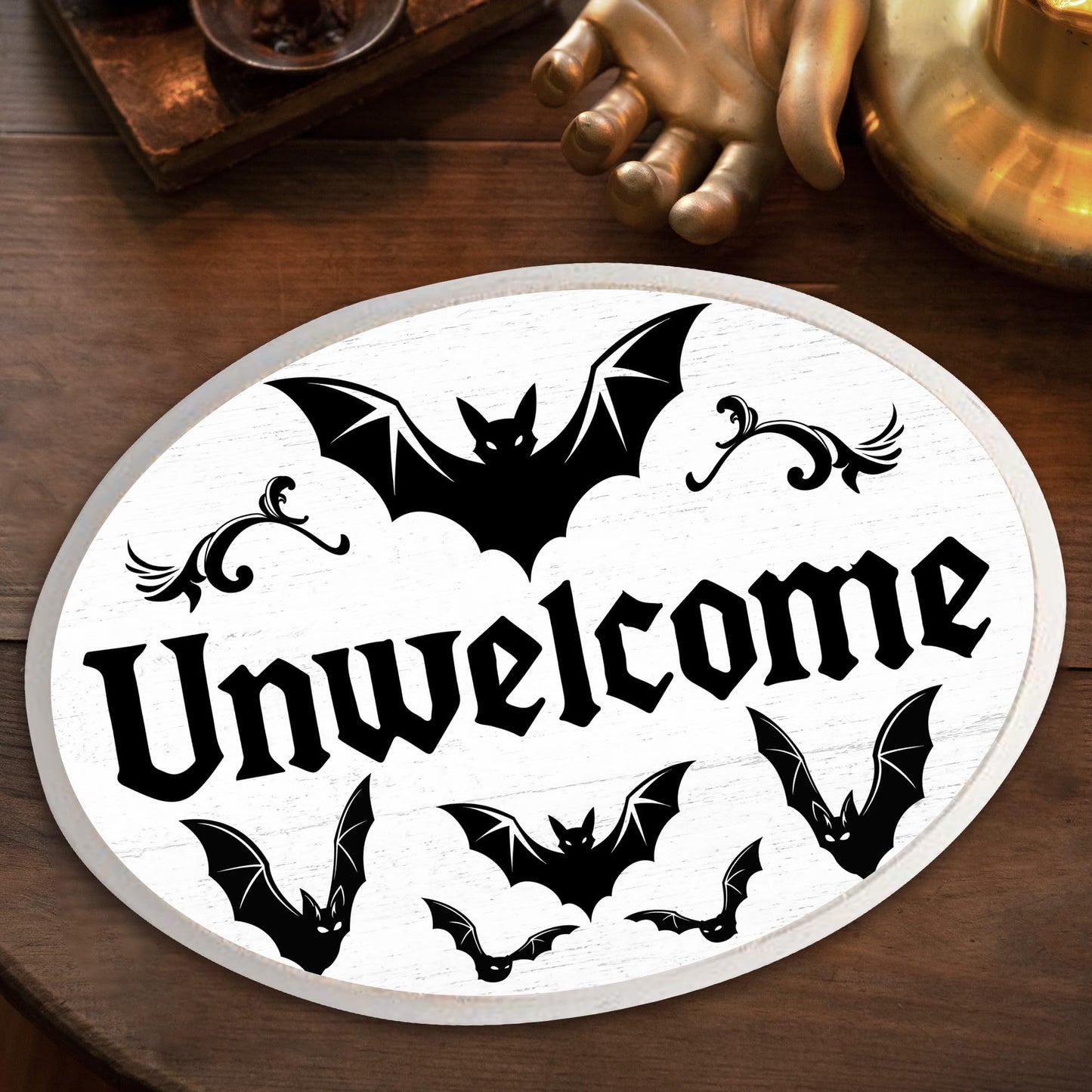5" x 7" Gothic Wooden Hanging Sign - Unwelcome - Funny Hanging Plaque Decor For Room Office Party Wall - Dark Bats Wall Art Gifts For Family & Friends - A04