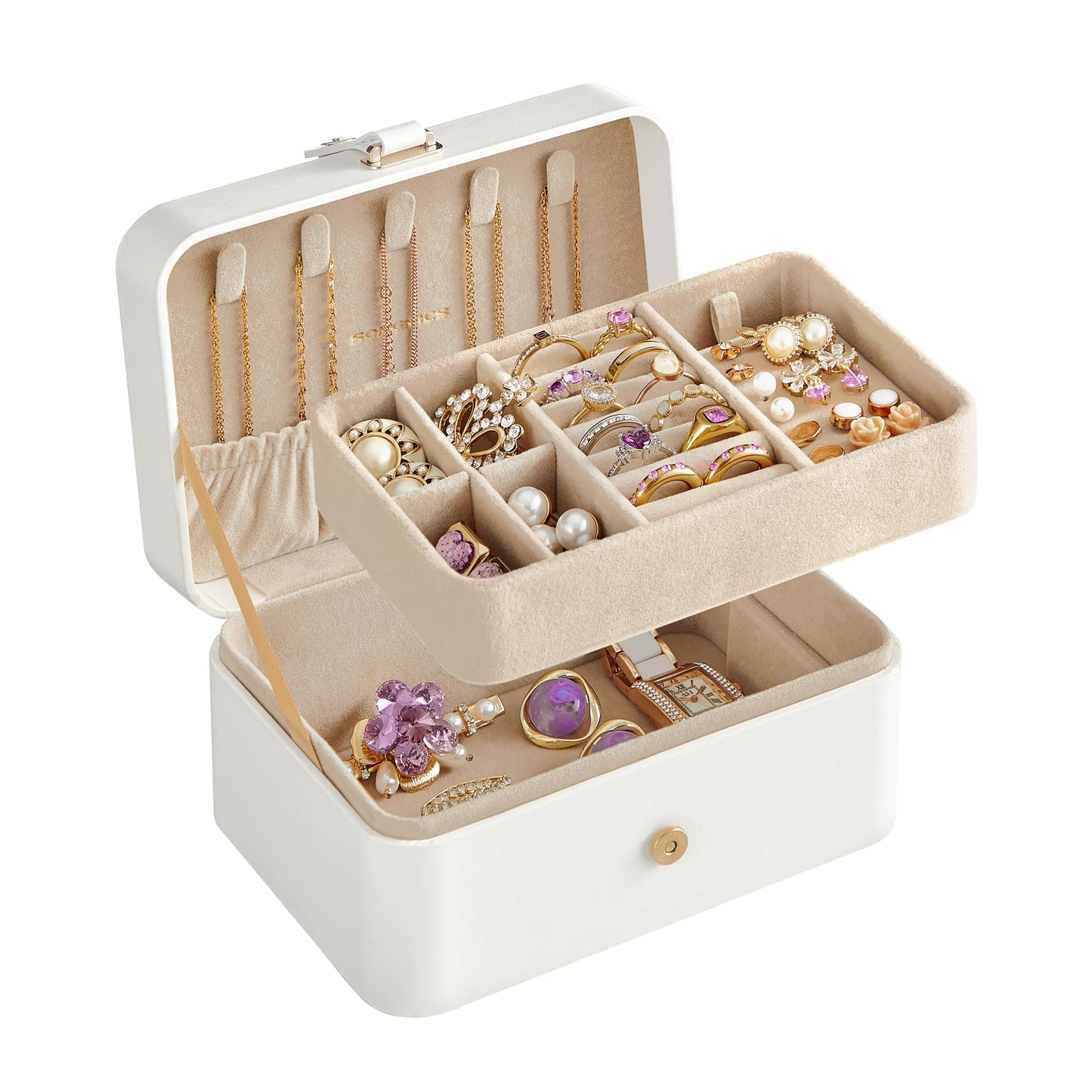 SONGMICS Jewelry Organizer Box, Travel Jewelry Case, 2-Layer Travel Case for Earrings, Necklaces, Bracelets - Portable Jewelry Storage with Large Capacity, Gift Idea, Cloud White UJBC166W01