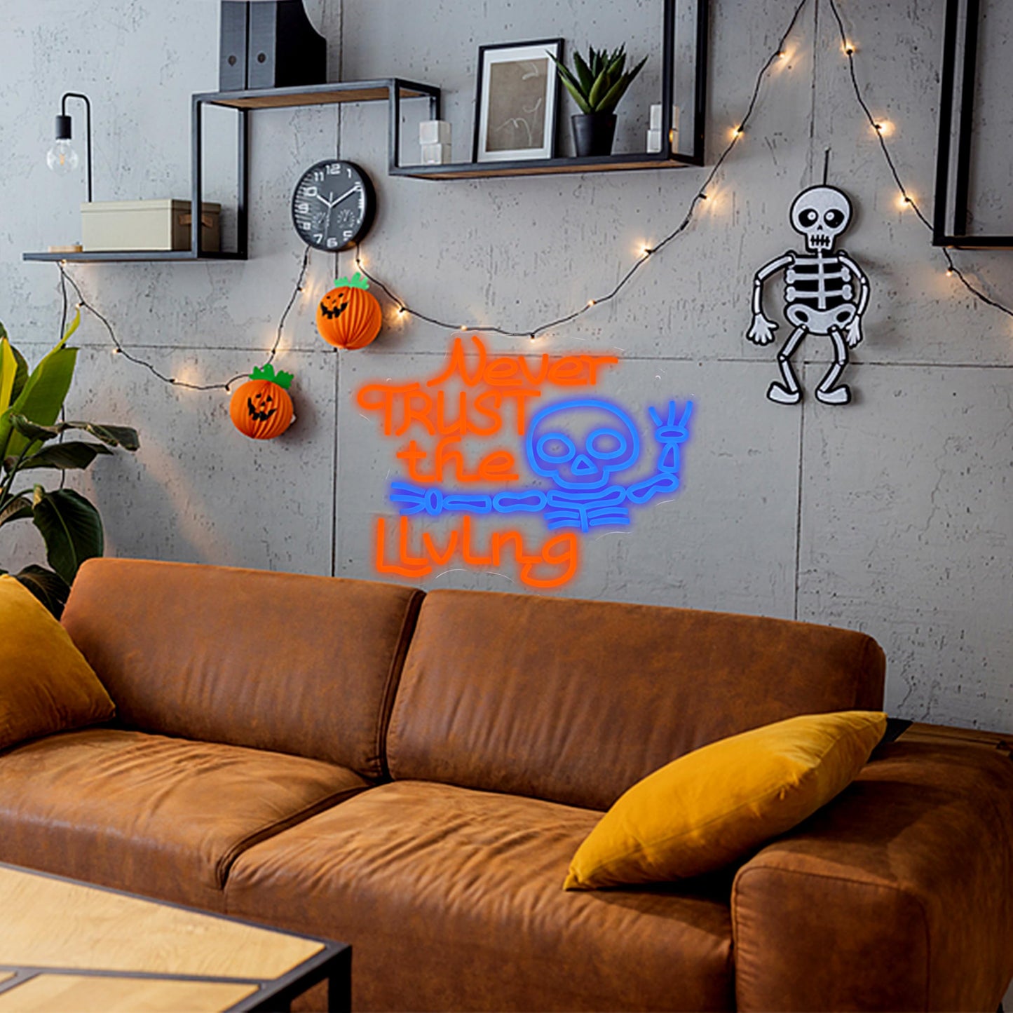 LISIGNVE Never Trust The Living Neon Sign Halloween Led Neon Light for wall Decor Skeleton Light Up Sign for Halloween Party Spooky Home Chamber of Secrets Horror Theme