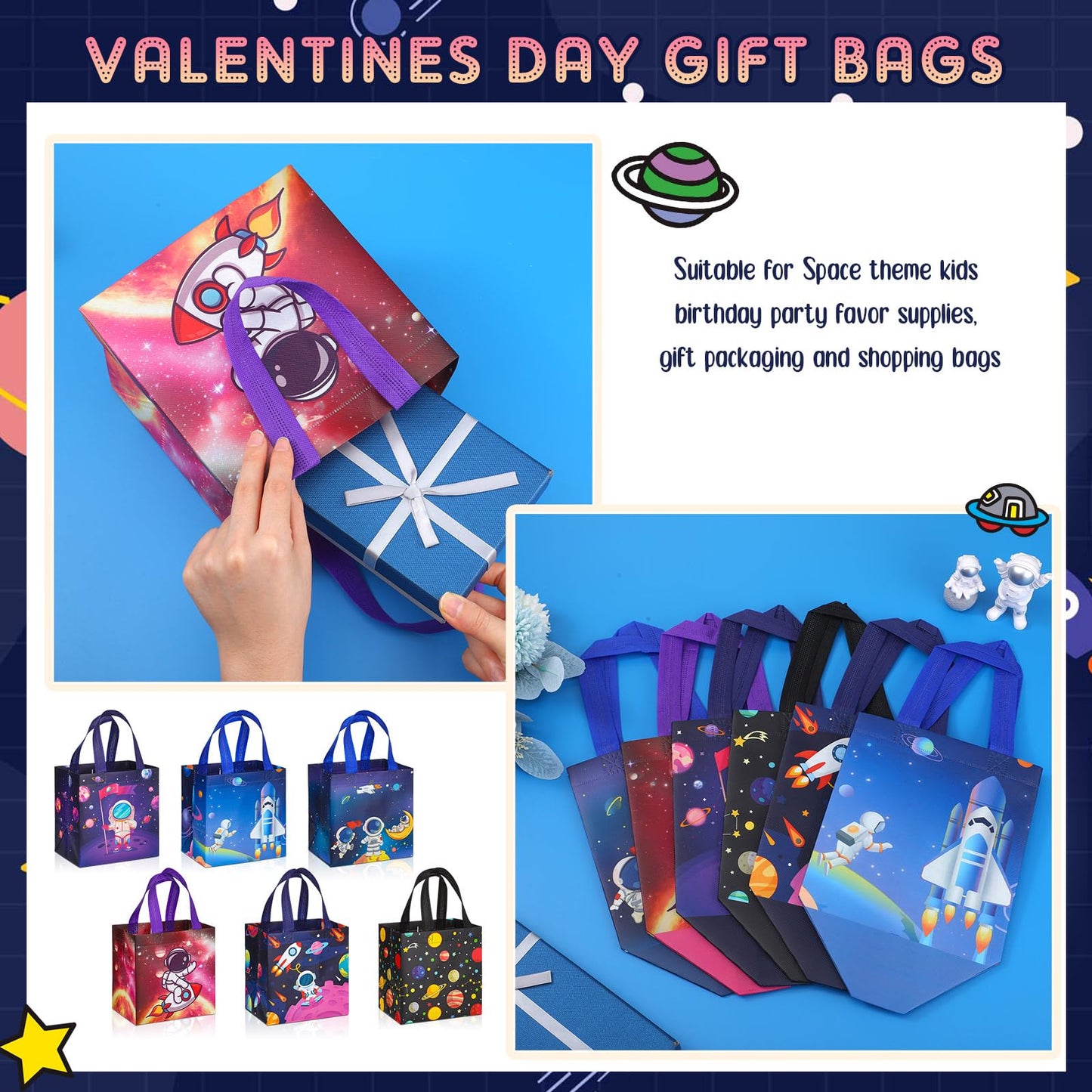 Kigeli 18 Pcs 6 Style Space Goodie Bags, Space Party Favors Large Non-woven Gifts Bags with Handles, Astronaut Planet Rocket Goodie Candy Tote for Baby Shower, Galaxy Theme Birthday Party Supplies
