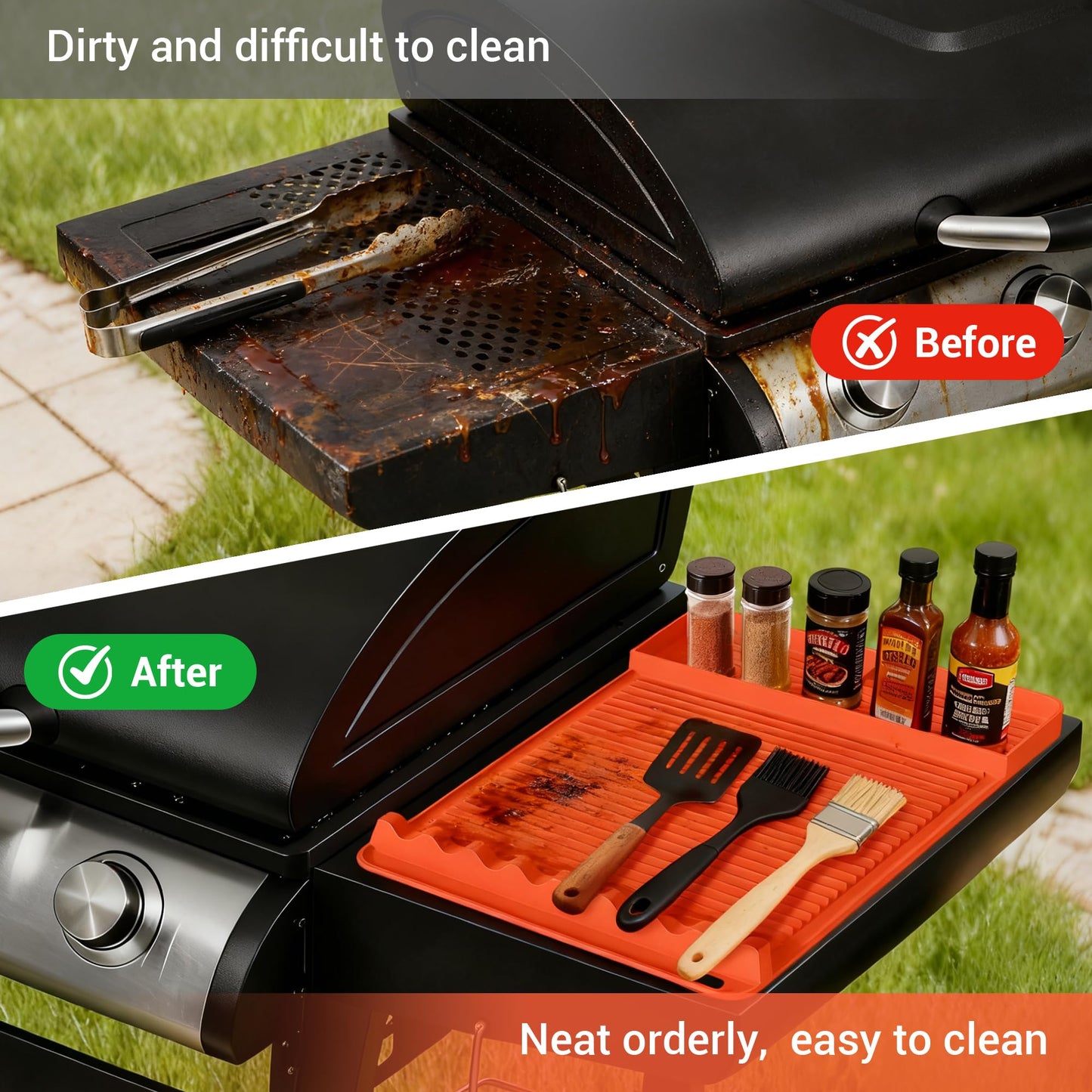 WZGUSXN 2Pack Silicone Grill Mat for Blackstone - 16x11.5 Inch Non-Slip Tool Mat with Sauce Drip Pad & Wavy Grip, Outdoor BBQ Accessories & Gifts for Men, Dad, Grilling（Orange）