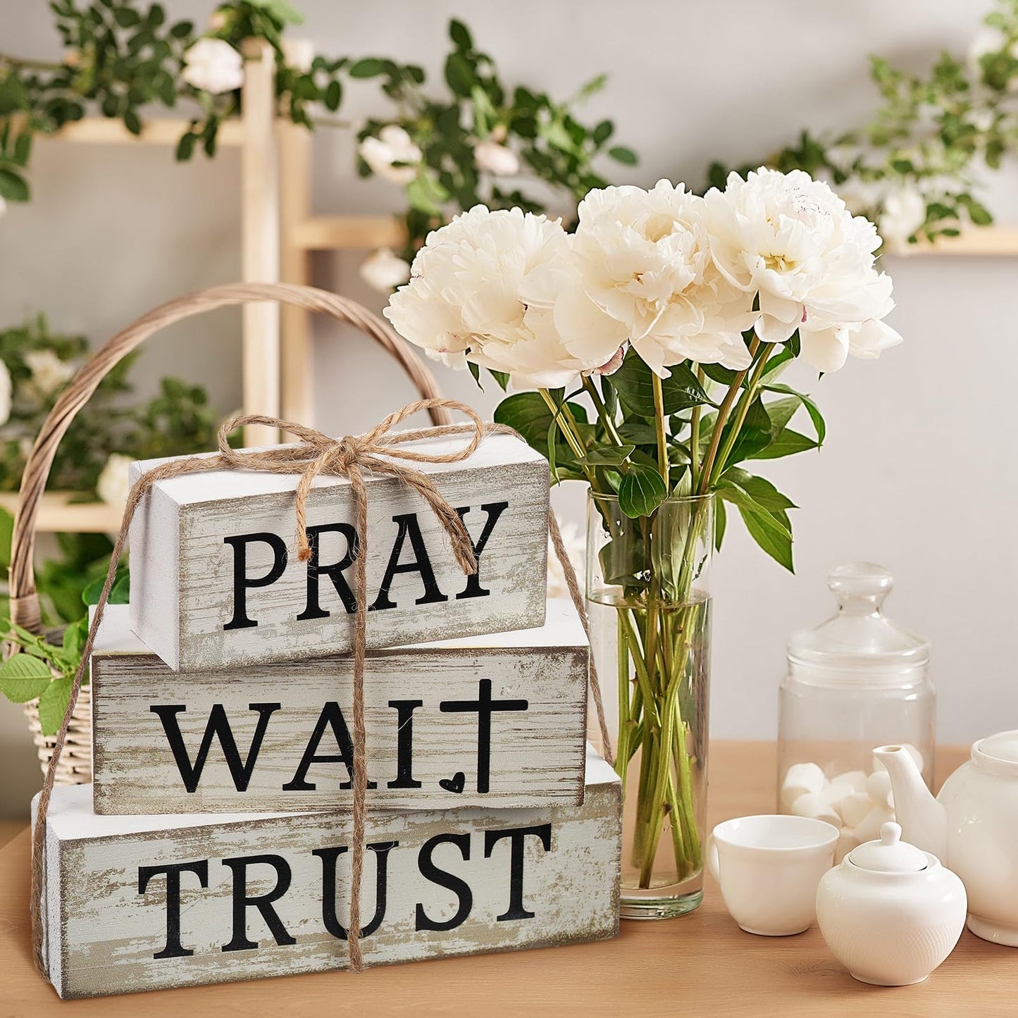 CroBlissful 4 Pcs Farmhouse Table Decor Christian Religious Gifts Bible Verse Decorative Sign Mother's Day Inspirational Pray Wait Trust Gifts Table Centerpiece for Home Kitchen Shelf Mantle