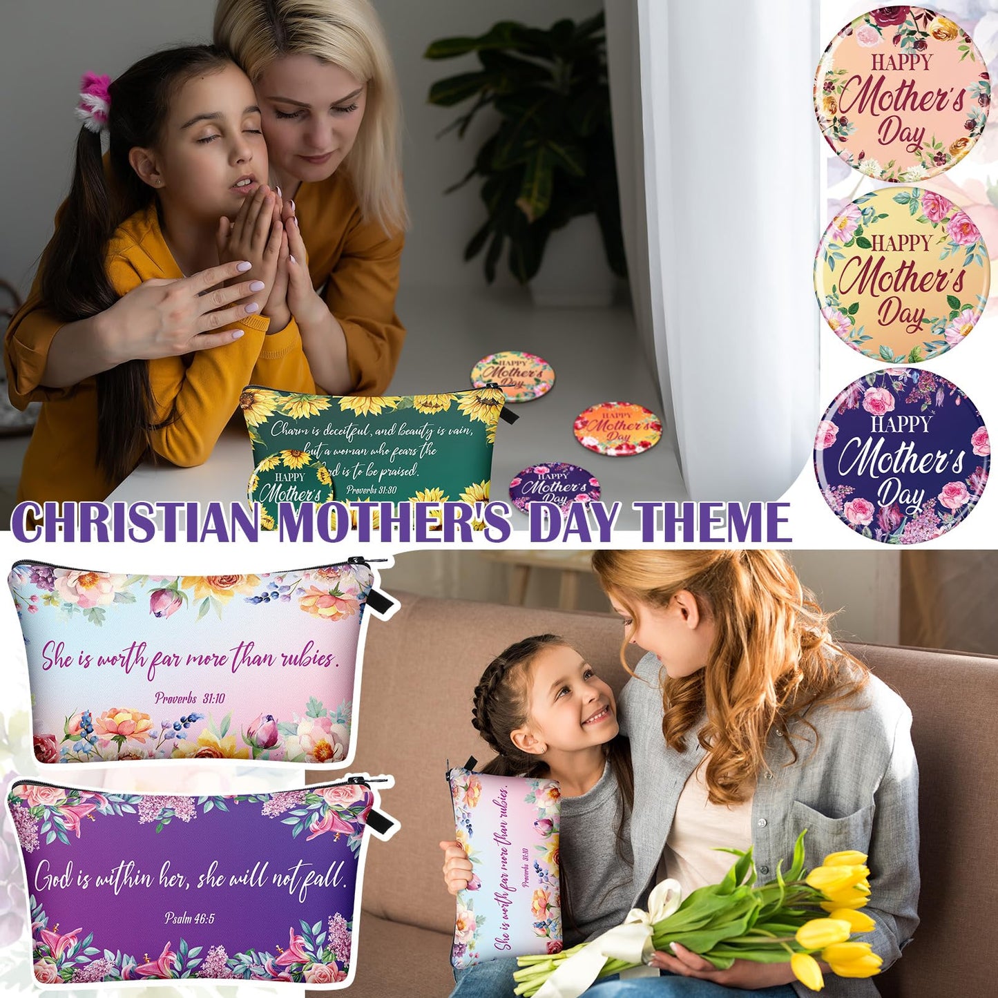 Kacctyen 144 Pcs Christian Mother's Day Bulk Gifts Inspirational Canvas Makeup Bags Compact Mirrors Bulk Christian Bible Verse Church Religious Prayer Gifts for Moms Women Church Mother's Day