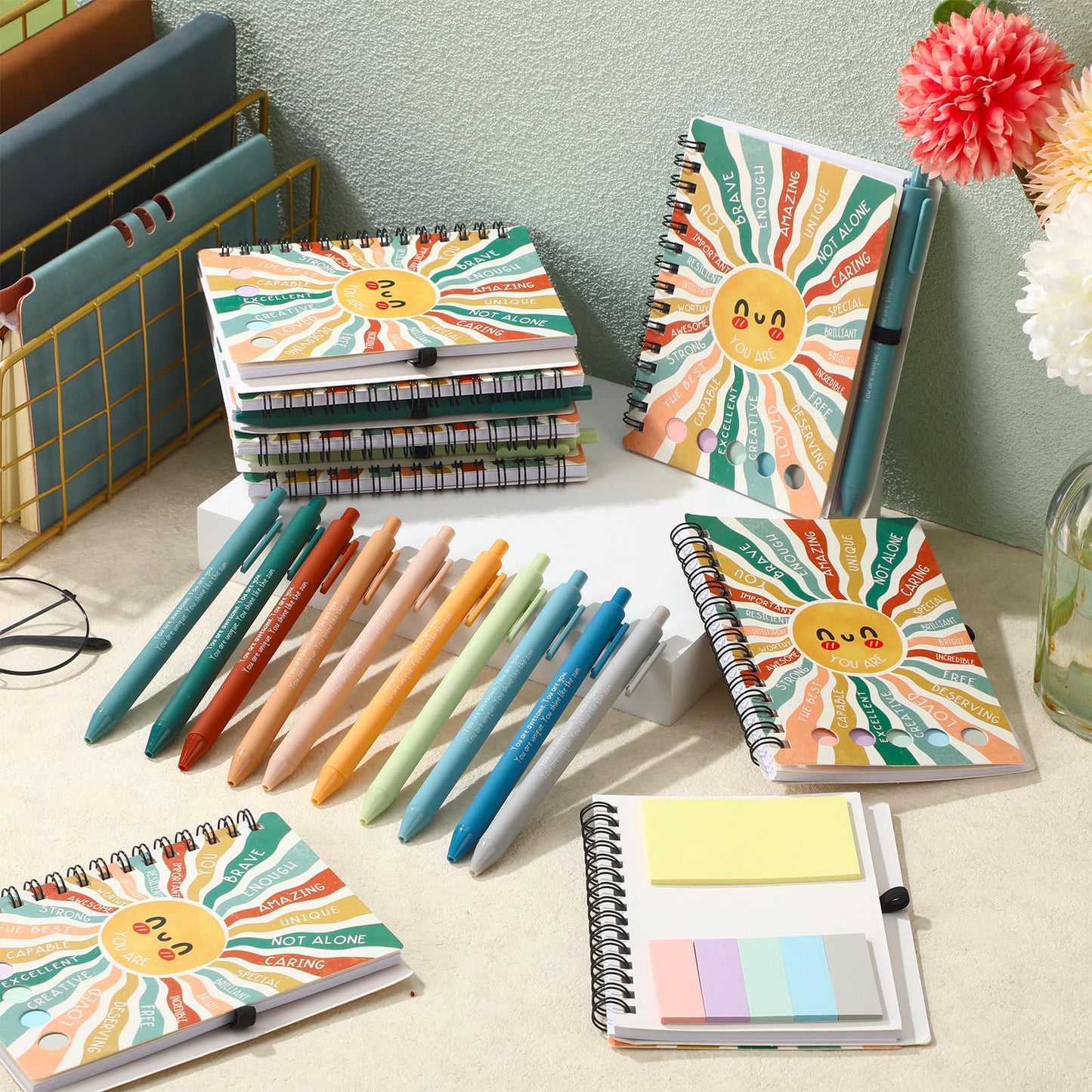 Janlaugh 40 Pcs Mental Health Gifts for Women Men Self Care Items Bulk Include 20 Mental Health Notebook with Sticky Note 20 Positive Pens Affirmation Journals Wellness Gifts for Coworkers Teachers