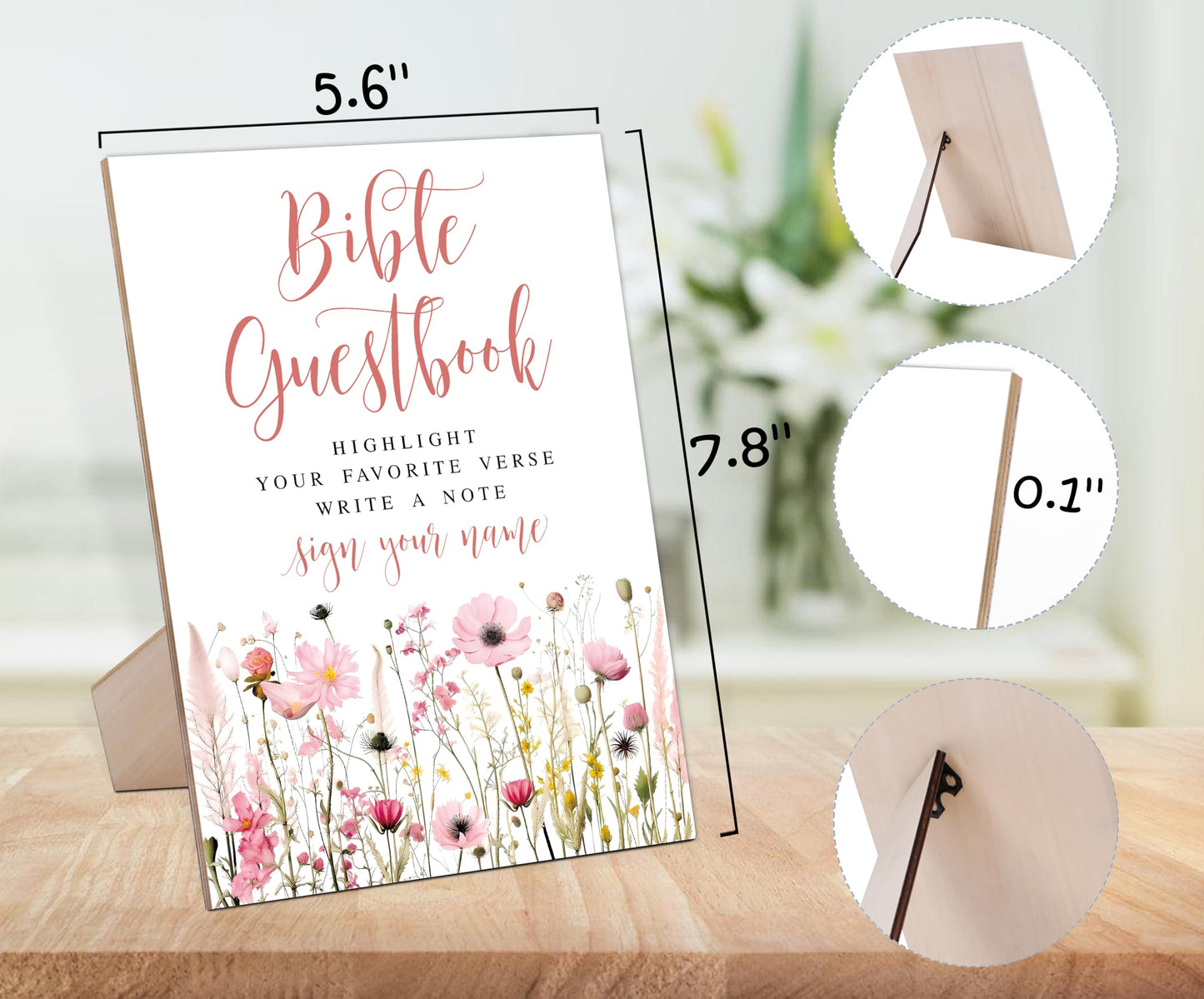 Wedding Bible Guest Book Sign, Pink Flower Style Wooden Sign With Stand, Guest Book Alternative, Bridal Shower Centerpieces For Tables, Wedding Reception Decorations, Engagement Party Decoration-17