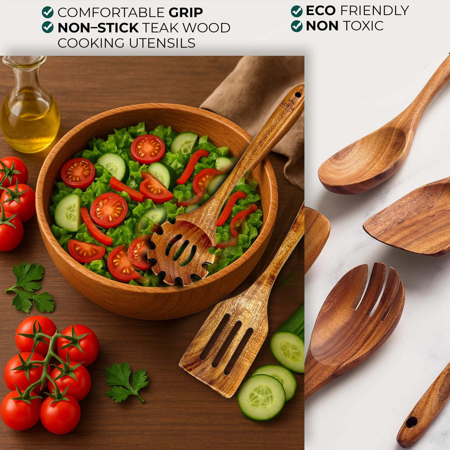 La Vie Gallery Teak Wooden Cooking Spoons Set -10-Piece Nonstick Cookware - Handmade Wooden Teak-Bamboo Charcuterie Board With Knife - Wooden Kitchen Utensils, Ideal Gift Set For Weeding,Birthday