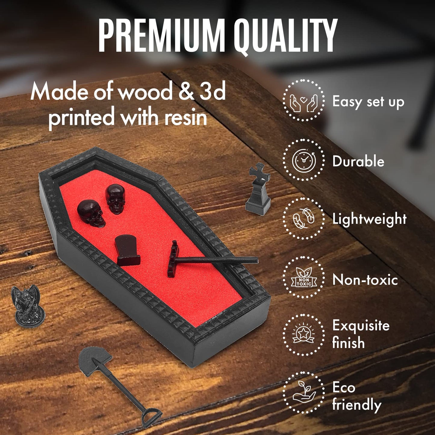 CEFRECO Coffin Zen Garden with Red Sand - Unique Mini Therapy Zen Garden Kit for Desk - Spooky Goth Valentines Halloween Decor Sand Garden with Skulls for Home and Office - Witchy Gifts for Women