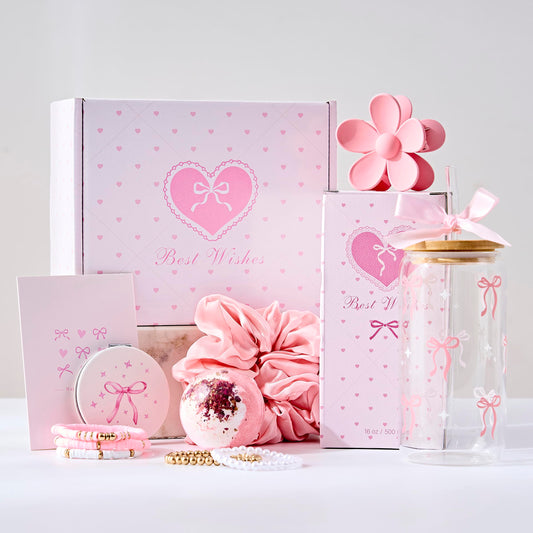 LANGASQUE Birthday Gifts for Women Teen Girls, Happy Birthday Gift Baskets for Women, Coquette Pink Bow Glass Cup Gift Box Set, Chrismas Gifts for Daughter Sister Wife Girlfriend Mom