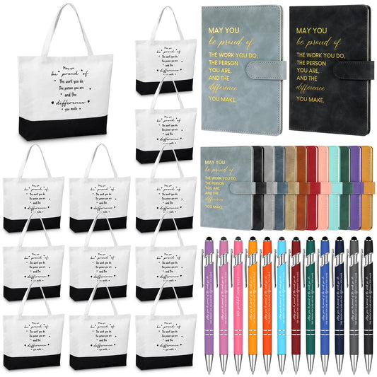 Paterr 12 Sets Employee Appreciation Gifts Bulk, Thank You Team Gifts, Inspirational Leather Notebooks Canvas Tote Bags Ballpoint Pens for Teachers Coworkers Colleagues (Elegant Colors)