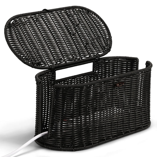YCLYC Handwoven Rattan Style Cable Management Box, Cord Organizer with Outlet Covers, Cord Hider Box for Power Strips, Cable Tidy Box for Desk, Floor and Home Organization