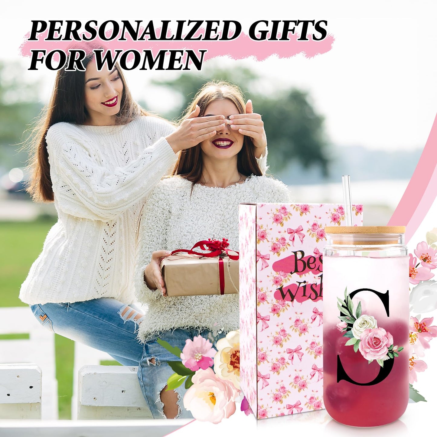 WINOWIMO Initial Glass Cups with Lids and Straws, Personalized Gifts for Women, Iced Coffee Cup Glass Tumbler, Birthday Bridesmaid Proposal Inspirational Customized Gifts for Her Girls (S)