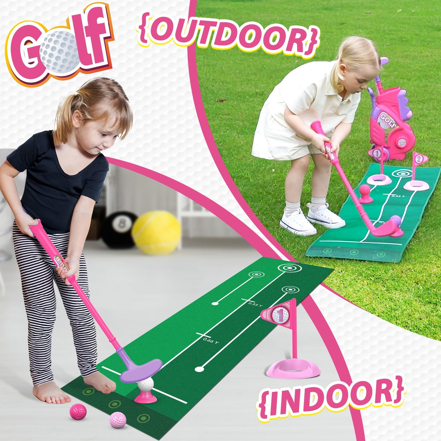Liberry Toddler Golf Set for 2 3 4 Years Old Girls Boys, Upgraded Kids Golf Cart with Golf Cornhole Board & Putting Mat, Indoor and Outdoor Golf Toys Birthday Gift, Pink