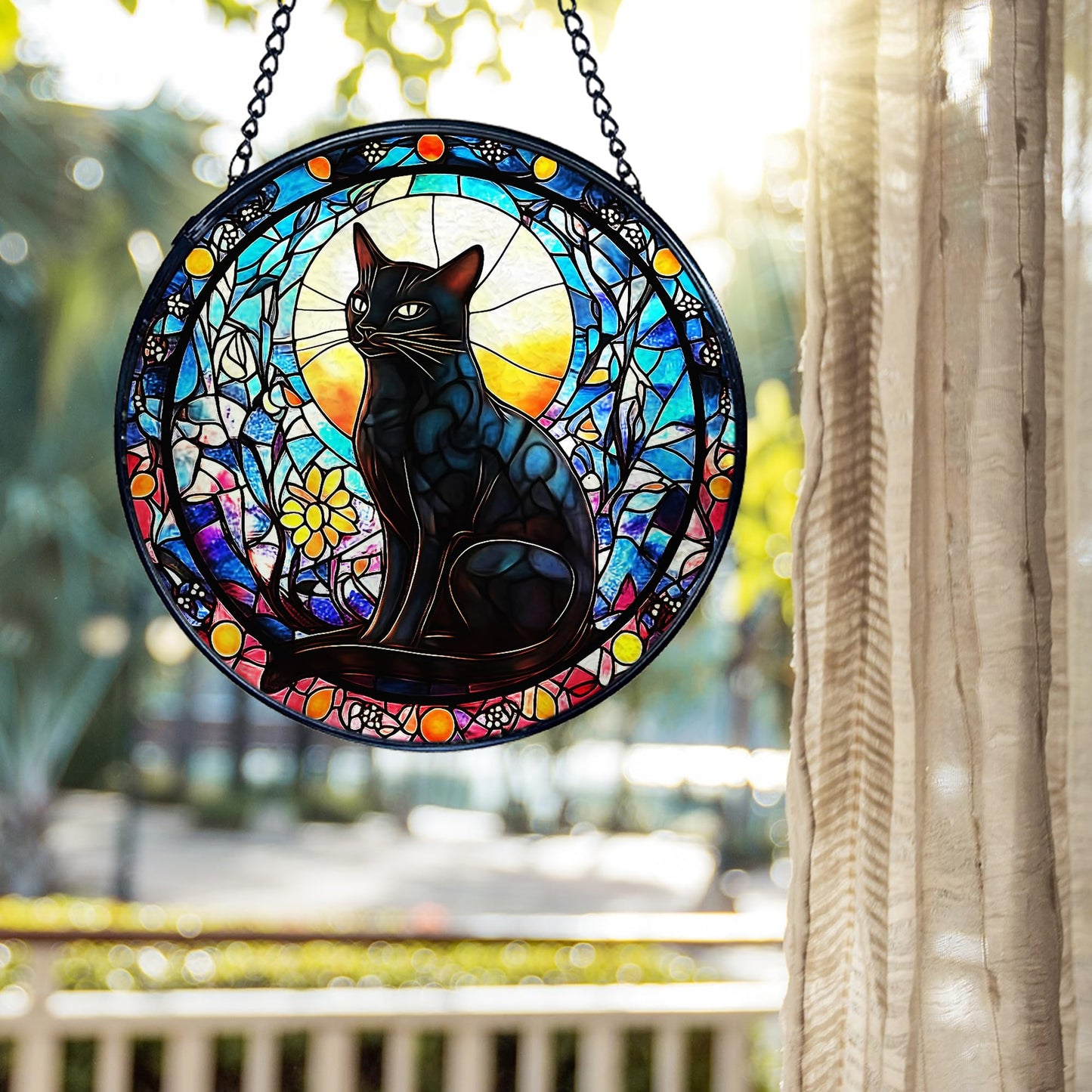 kdqua Black Cat Suncatcher Stained Glass Window Hanging, Gothic Kitty Sun Catchers Indoor Window Glass Round Wall Decor, Cat Wall Art Hanging Decorations Statues, 7.9x7.9in