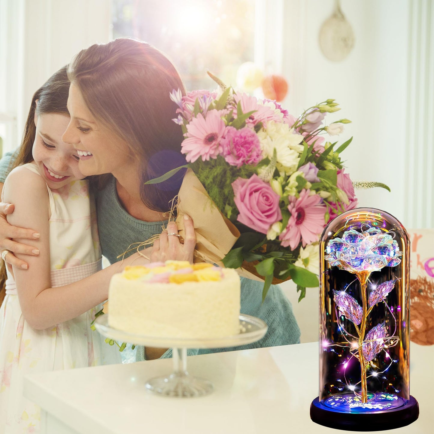 Thrjia Mothers Day Rose Flowers Gifts for Mom Wife Women Grandma,Mothers Day Presents Wife Grandma Mom from Daughter,Birthday Gifts for Women Light Up Rose in A Glass Dome Presents for Her Gold