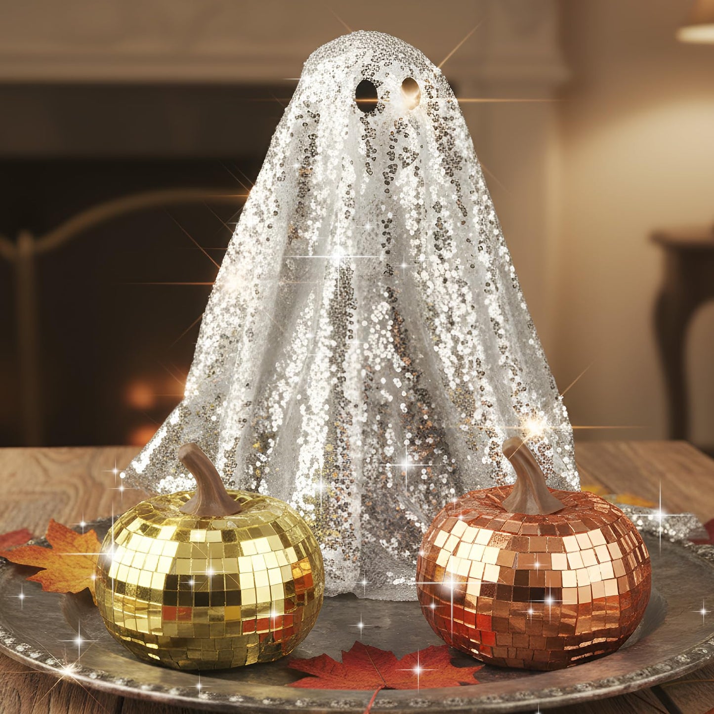 Amyhill 3 Pcs Halloween Disco Ghost Decor and Disco Pumpkin, Glitter Mirror Pumpkin Craft 9.45 Inches Large Discos Ball Ghost Table Centerpiece for Party Gift(Orange,Yellow,2.7 Inch, 3 Inch)