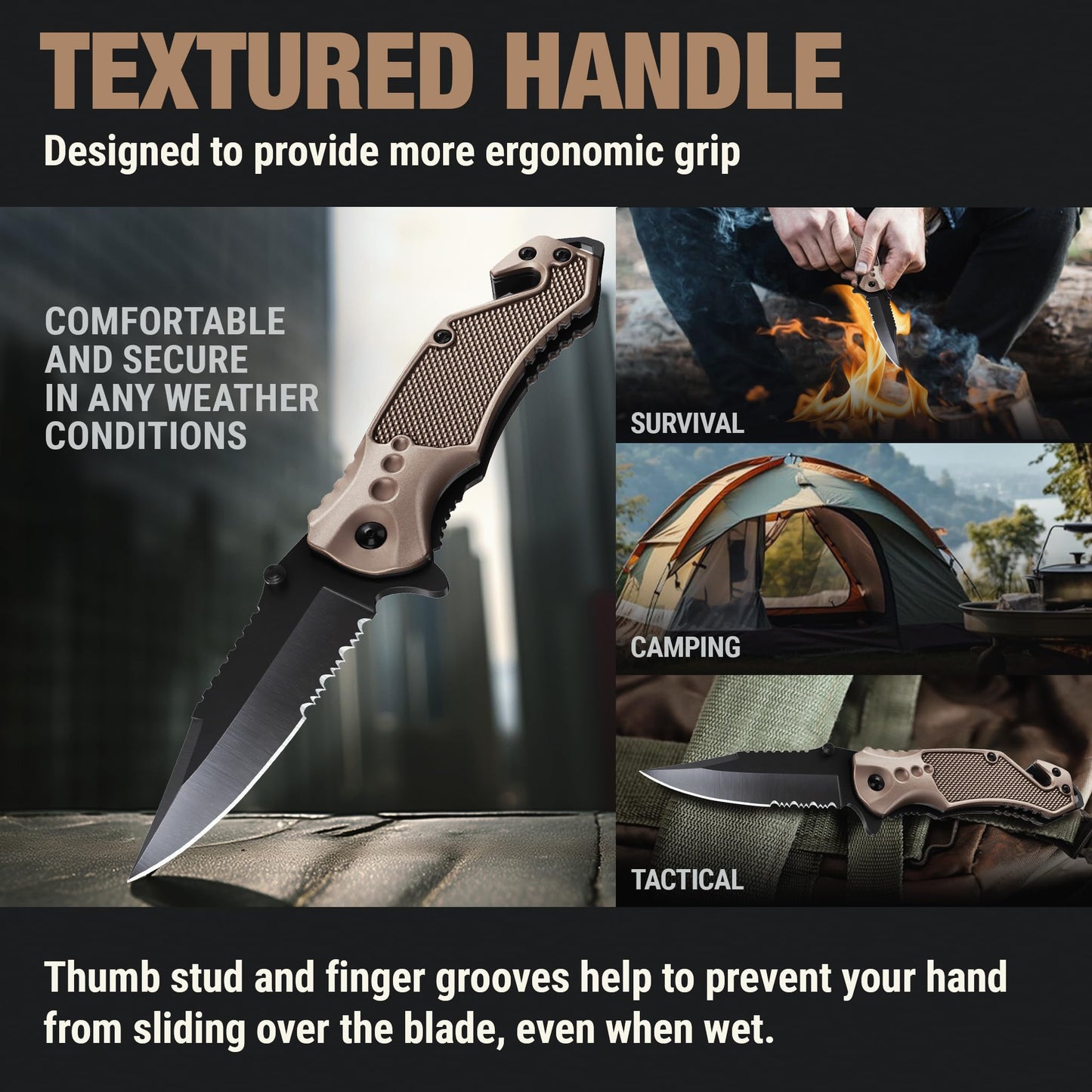 Legal Pocket Knife Coyote Tan - 2.95” Sharp Serrated Edge Blade - Multi Tool with Seatbelt Cutter, Glass Breaker & Clip - Cool Folding Knives for EDC Camping Fishing - Birthday Gifts for Men 6680 T