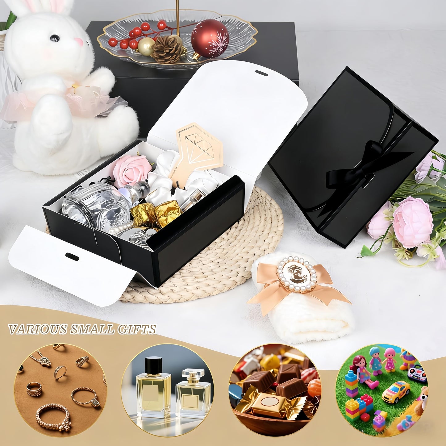 Treelement 10Pcs Black Gift Boxes with Lids,10.6×7.8×3.1 Inch Bridesmaid Proposal Boxes with Ribbons and Stickers for Wedding Gifting,Birthday,Party Favors，Baby Shower,Return Gifts