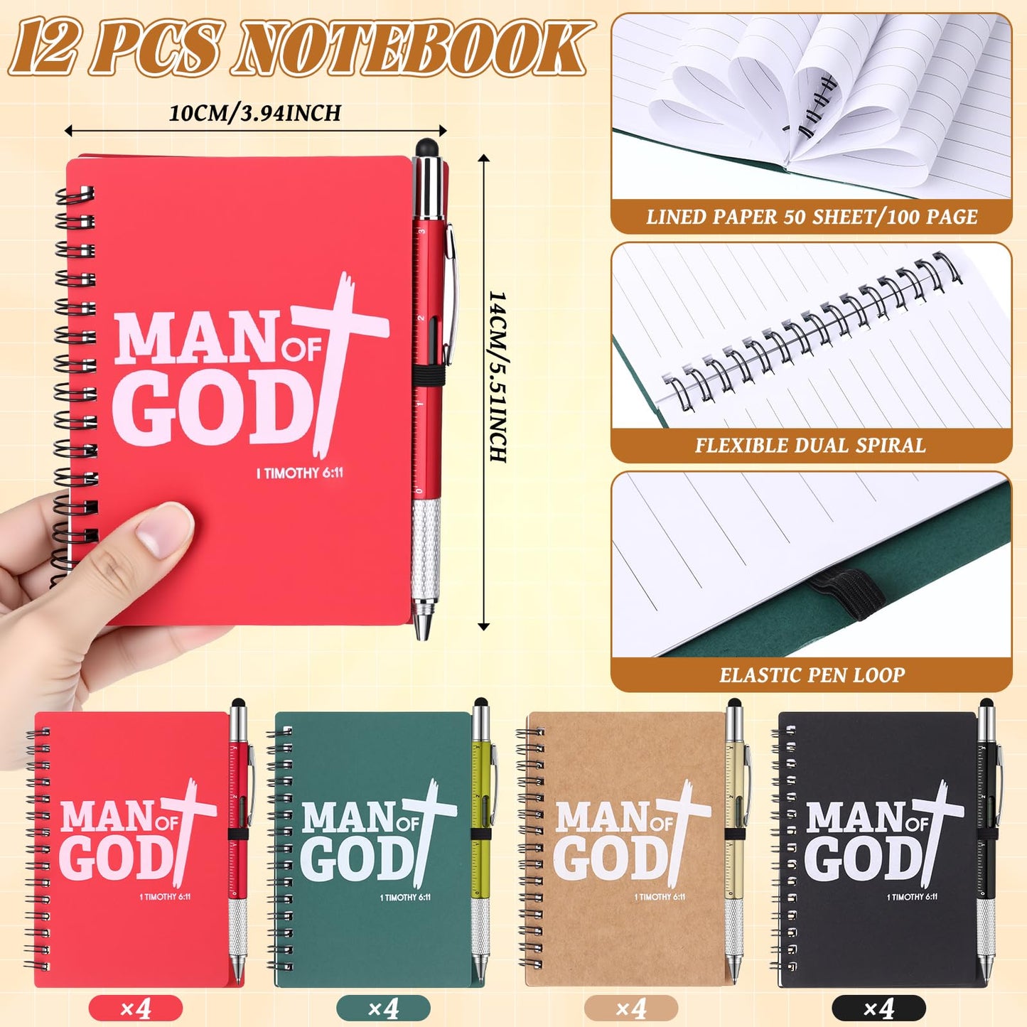 AmazingSpark 24 Pcs Church Gifts for Father's Day Bulk Man of God Christian Gifts Multi Tool Pens with Spiral Religious Notebooks for Dad Husband Adults Men Fathers Day Birthday