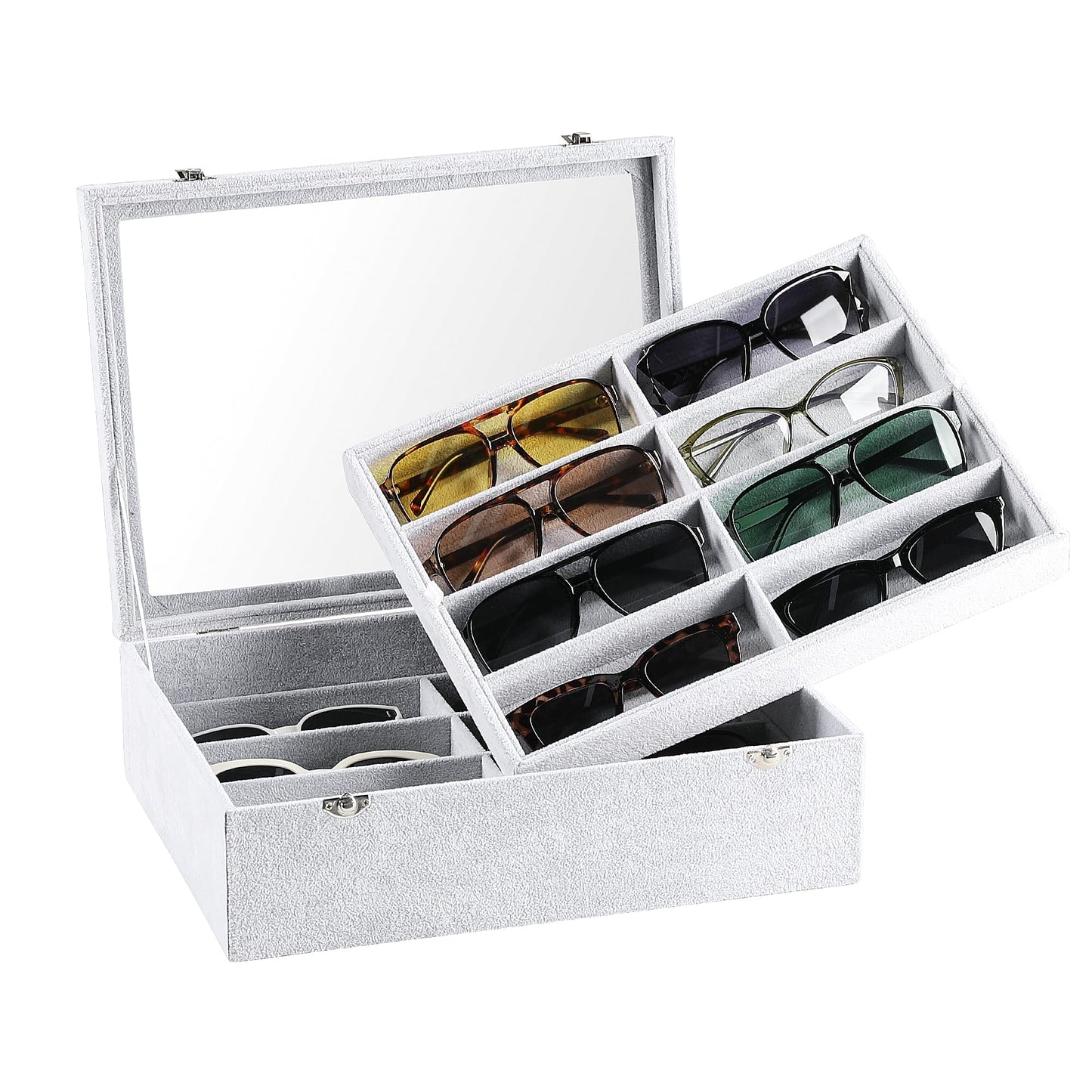 Frebeauty 16 Slots Sunglasses Organizer,2 Layer Velvet Sunglasses Tray with Glass Lid,Multiple Pairs Sunglass Display Case for Man or Woman,13.7 * 10.25 * 4.1 Inches Eyeglass/Eyewear Box (Grey)