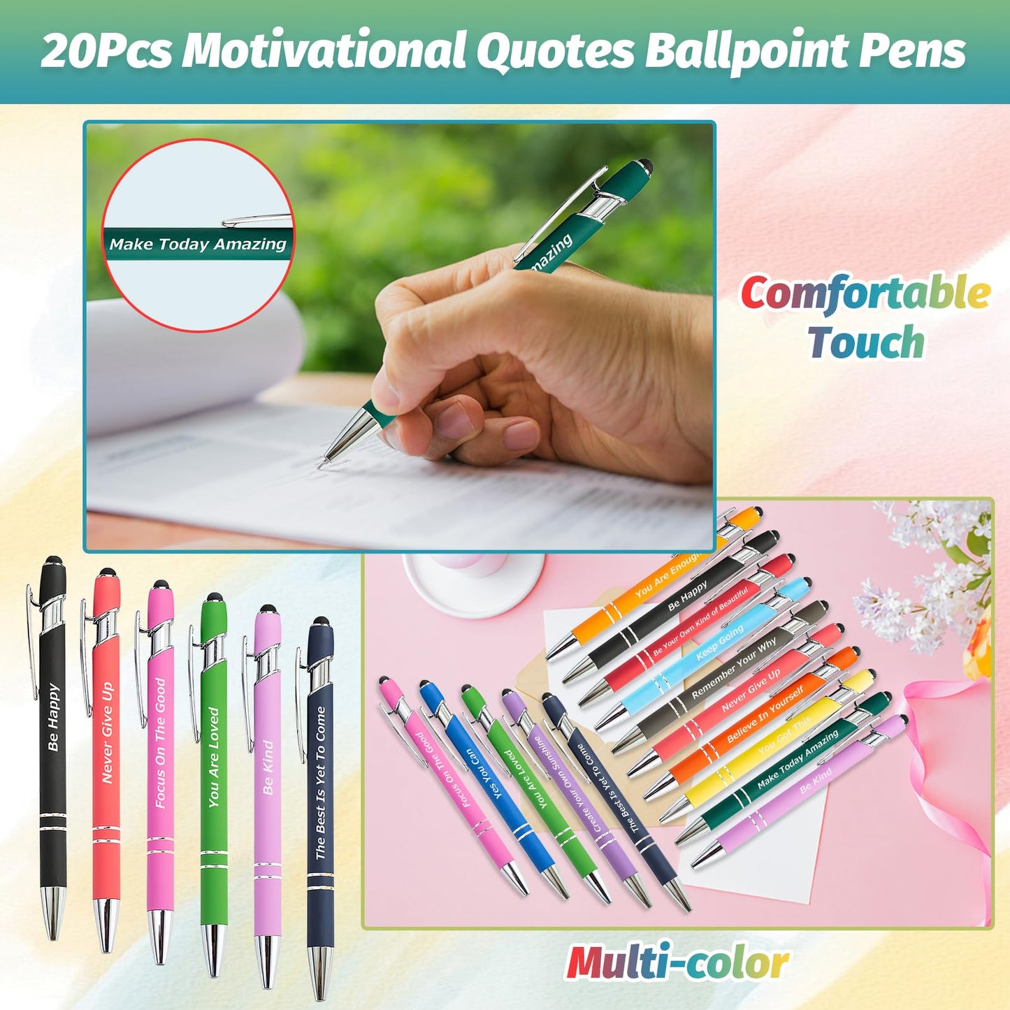 LUAVIARU 40 Piece Inspirational Pens Kit with Stylus Tip & Sayings – 20 Motivational Pen + 20 Individual Bags – Uplifting Quote & Positive Ideas – For Teachers, Office, School, Meetings, Team Events