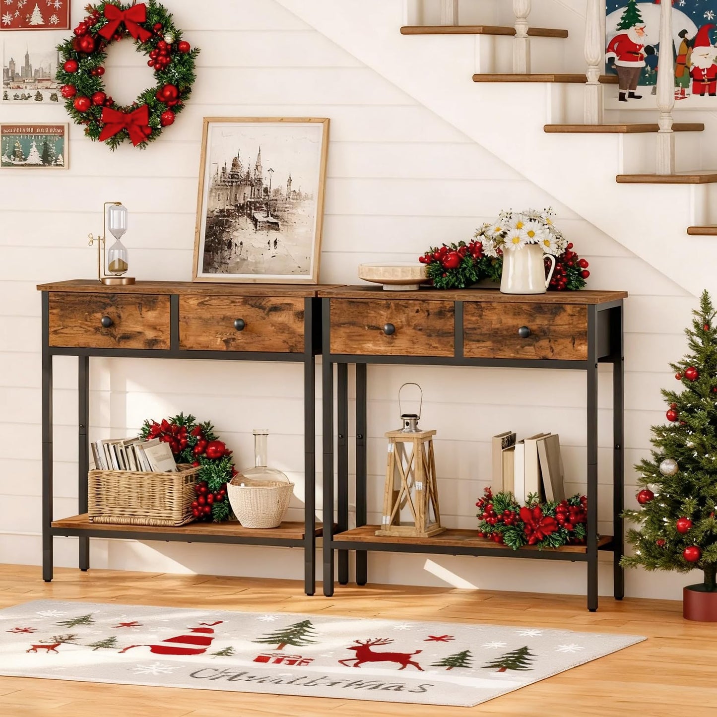 HOOBRO Narrow Console Table and Console Table Bundle, 15.7" Entryway Table with 2 Fabric Drawers, 39.4 Inch Narrow Entryway Table with Power Outlets, BF71XG01-BF52UXG01G1