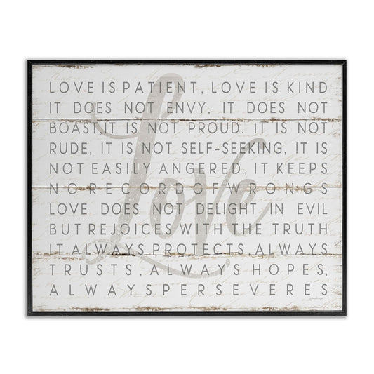 Stupell Industries 'Love Is Patient Grey on White Planked Look', Framed Giclee Art, Black, 14 x 11 Inches, Easy to Hang and Sturdy, Made in USA, by Jennifer Pugh