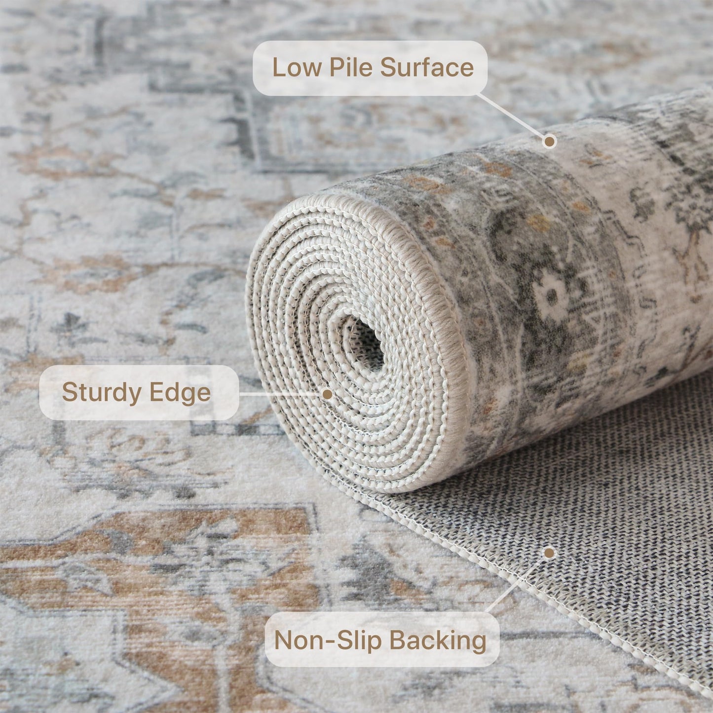 GENIMO 5X7 Area Rugs for Living Room, Machine Washable Non Slip Vintage Rugs, Low Pile Lightweight Chenille Print Rug for Bedroom, Dining Room, Home Office, Light Taupe Brown