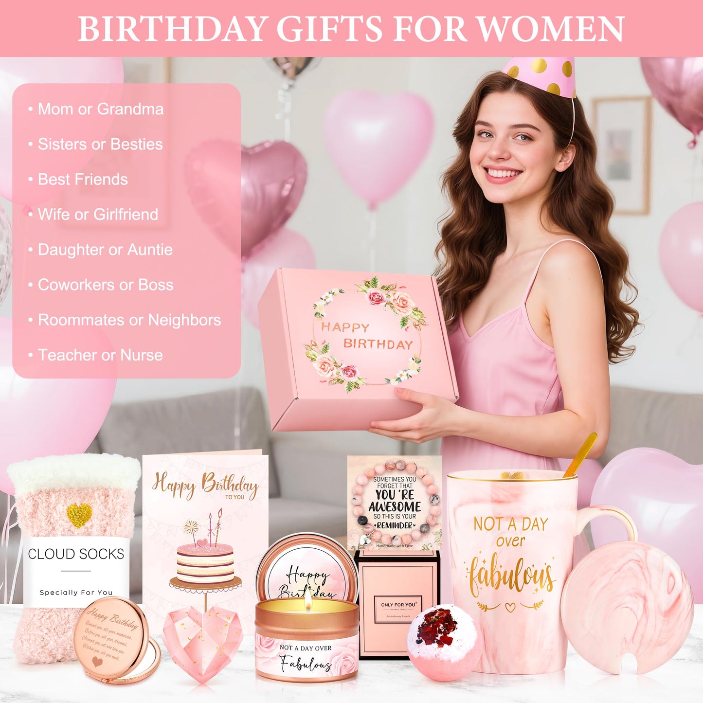 Birthday Gifts for Women Happy Birthday Gift Baskets for Women Unique Not A Day Over Fabulous Mug Gift ideas Pink Gifts Box Set Presents for Her Friends Mom Sister Wife Coworkers Daughter Aunt Mom