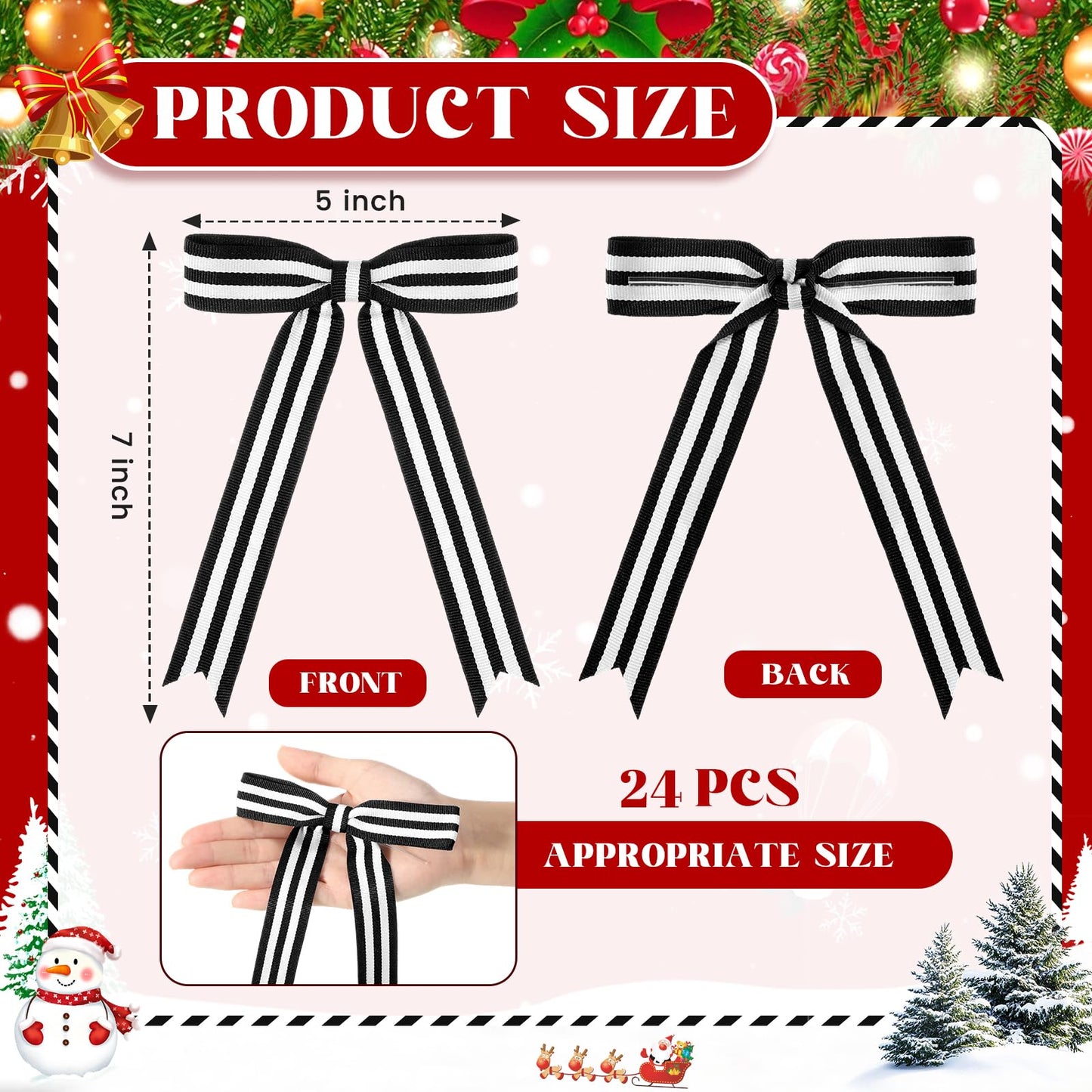 Riceshoot 24 Pcs 5x7 Black White Stripe Twist Tie Bows for Christmas Tree Memorial Gift Wrapping Bag Xmas Decoration Ribbon for Gothic Spooky Holiday Birthday Party Wreath DIY Craft (1 Inch Wide)