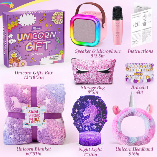 Toylink Unicorn Gifts for Girls Age 4 5 6 7 8 9 10, Kids Unicorn Toys with Mini Karaoke Machine/Glowing Blanket/Night Light/Headband/Bracelets, Birthday Graduation Gifts for Daughter Niece