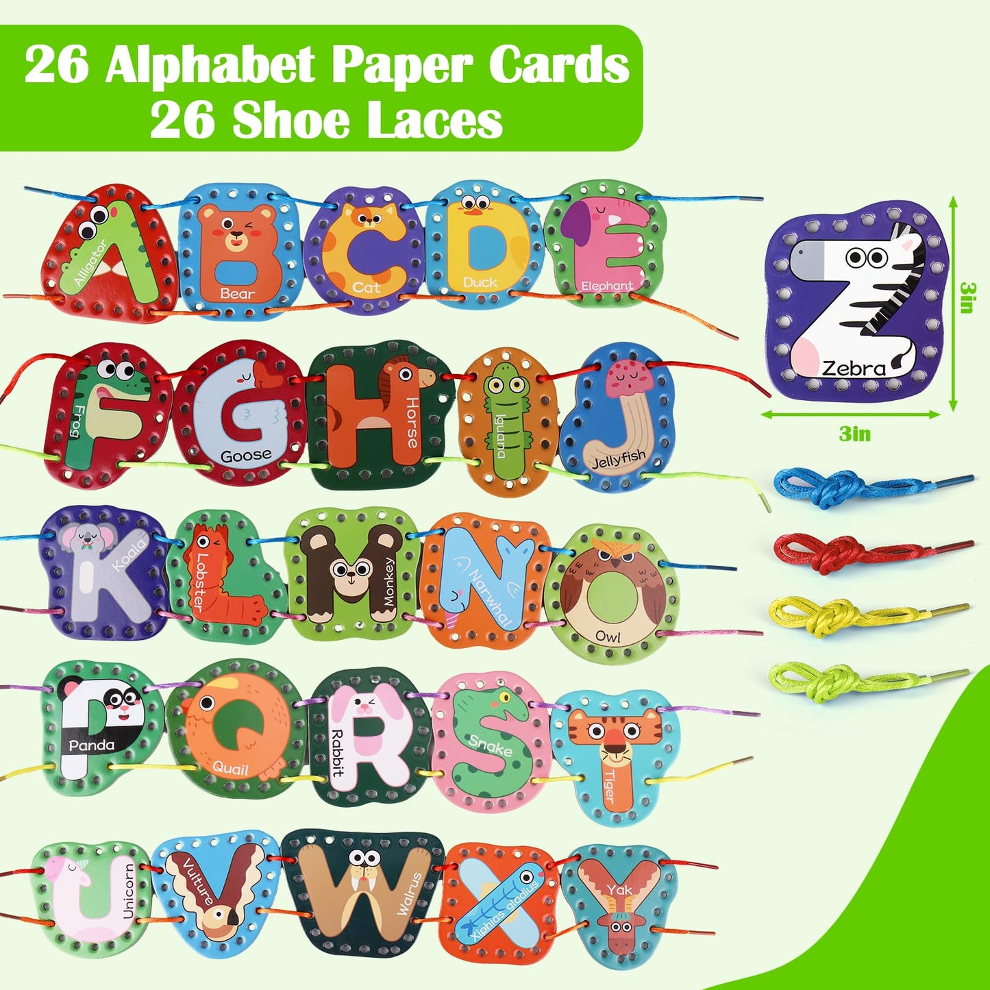 Vodolo 26 Pieces Lacing Cards Travel Sewing Kit for Kids, Letters Sequencing Threading Toy, Double Sided Fine Motor Skills Learning Toys, Classroom Supplies