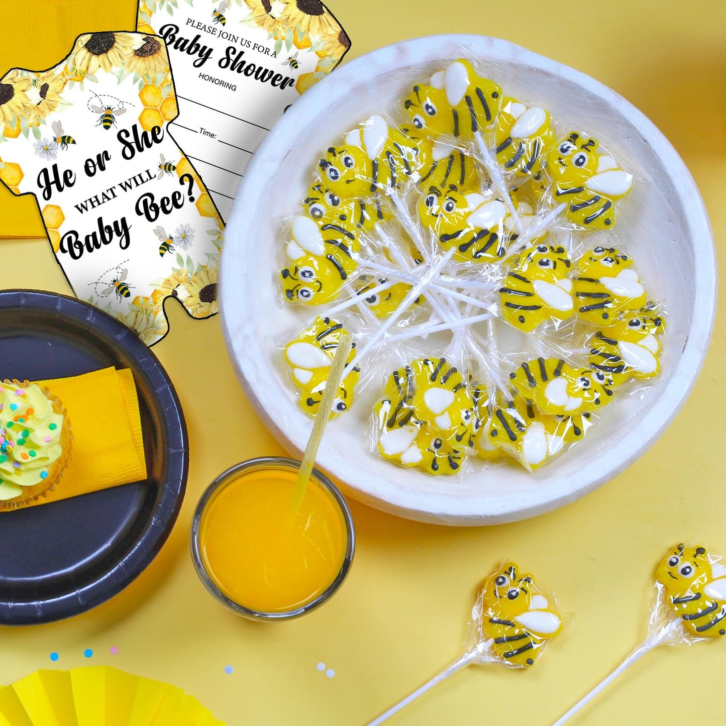 Bee Candy – 24 Individually Wrapped Lemon Flavored Suckers – Honey Bee Party Favors, Baby Showers, Edible Cupcake Toppers, Dessert Table Treats, Goodie Bag Lollipops for Kids