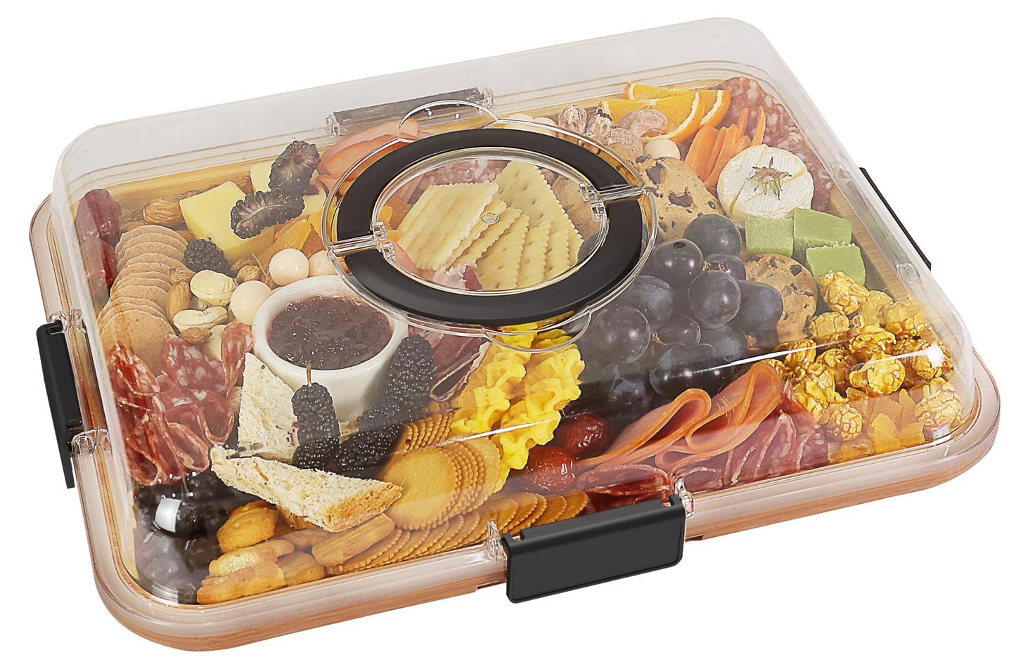 Renmxj Charcuterie Board with Clear Lid, Travel Portable Cheese Board Charcuterie Boxes Cutting Boards for Kitchen, House Warming Gifts New Home, Gifts for Women (4 Compartments Black)