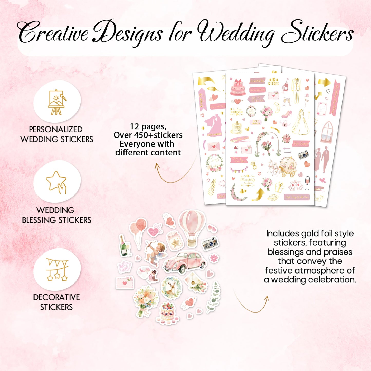 BIROYAL 12 Sheets XL Wedding Stickers for Scrapbooking | Wedding Scrapbook Stickers 6.7" x 9.5" | 450+ Bride Sticker | Bridal Shower Sticker for Engagement, Anniversary, Marriage, Decorations