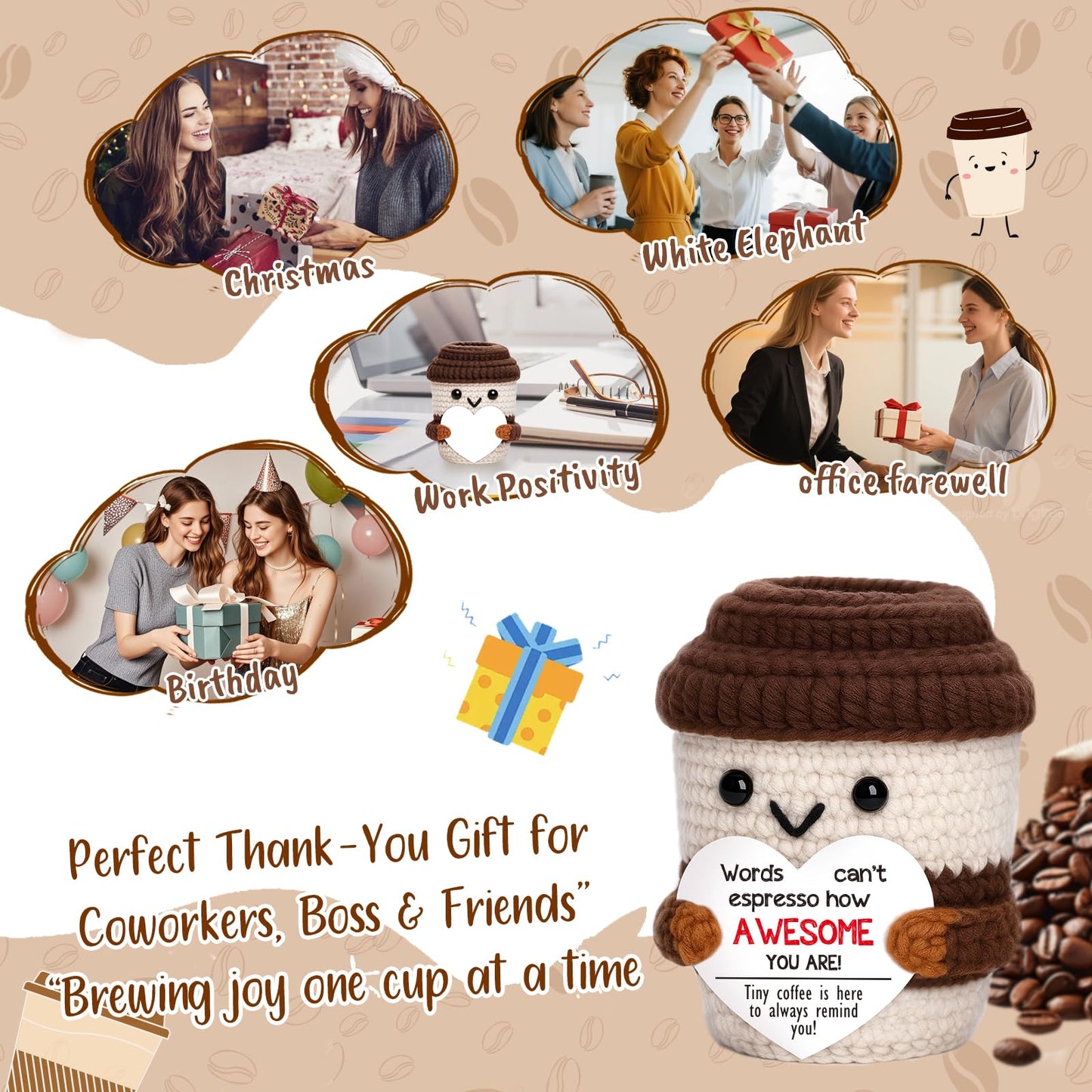 OCCdesign Mini Birthday Inspirational Gifts for Women Men Cheer Up Support Handmade Crochet Coffee Gift for Coworkers Friend Teachers Nurses Stress Relief Mental Health Self Care Office Gift