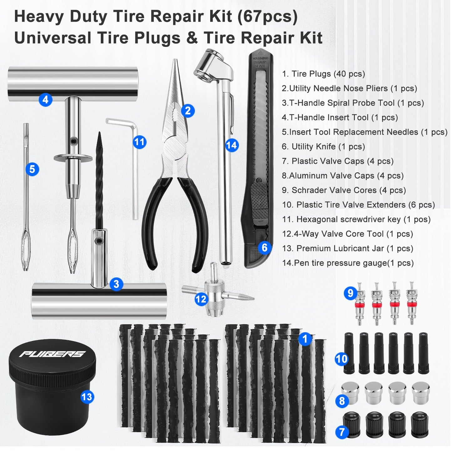 PUIBERS Heavy Duty Tire Plug Kit - 67 Pcs Professional Tire Repair Kit with Plugs for Car, Truck, SUV, Motorcycle, Semi Truck, Tractor, RV & ATV - Tire Repair Tools to Fix Punctures
