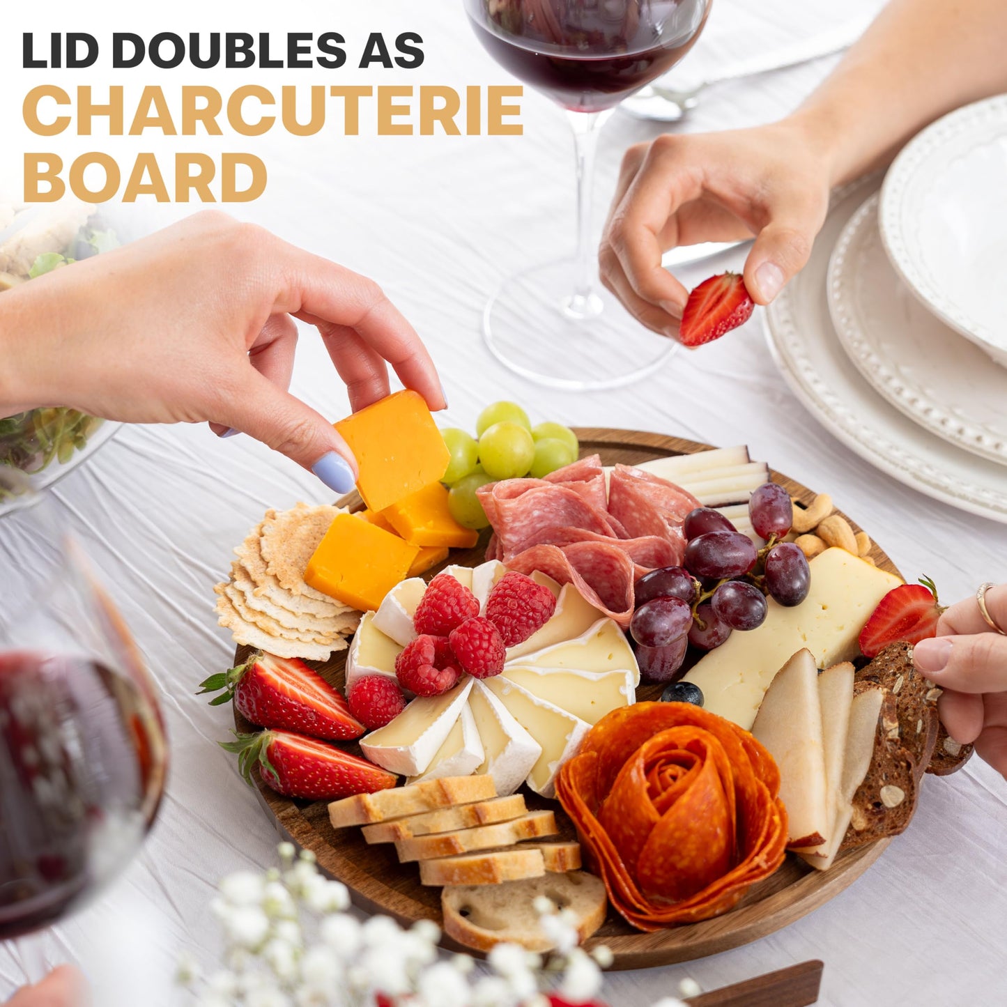 Oria Cook Large Glass Salad Bowl with Lid Set, 5.7 L Decorative Glass Mixing Bowl, Trifle and Serving Bowls with Lids as Cheese Charcuterie Board and Plate, Comes with Wood Serving Utensils
