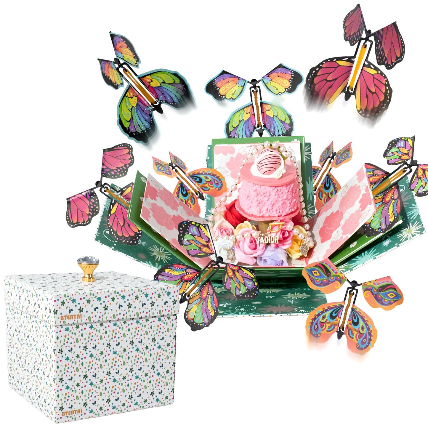 ELDGREON Explosion Gift Box, Flying Butterfly Surprise Gifts Box, DIY White Gift Included Butterfly Kit and Faux Rose Head for Birthday, Weddings, Mother's Day, Anniversaries