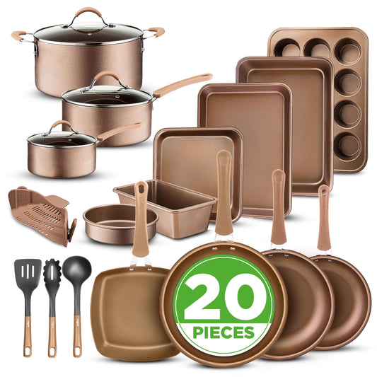 Nutrichef 20 Piece Professional Home Kitchen Cookware and Bakeware, Pots and Pans Set Non Stick Kitchenware, Cool-Touch Handles, Non Toxic, Safe for Gas, Electric, Induction Cooktops, Easy Clean