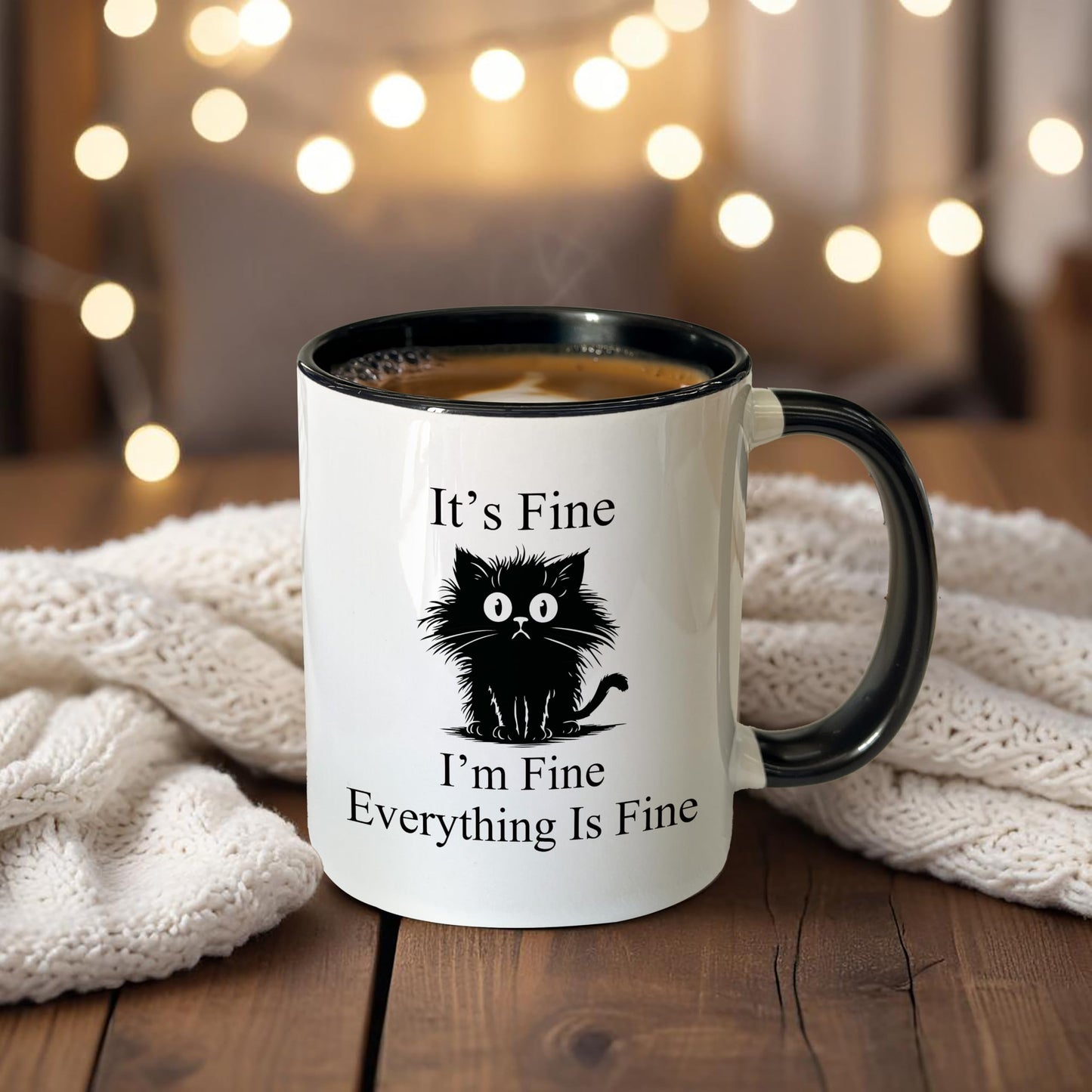 Foyoulame Black Cat Gifts Funny Coffee Mugs - Black Cat Mug, Funny Sarcastic Cats Coffee Teacup, Cat Lover Gifts for Women, I'm Fine Everything is Fine Ceramic CoffeeMug 11oz