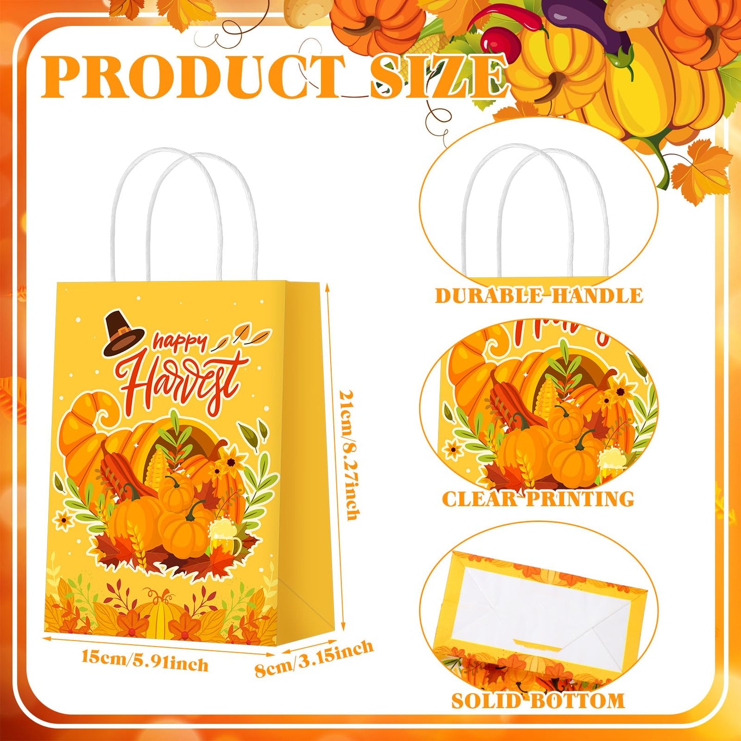 Qeeenar 36 Pcs Thanksgiving Gift Bags Fall Turkey Party Favors Pumpkin Turkey Goodie Candy Paper Bags with Handles Autumn Harvest Treat Pouch for Thanksgiving Party Decorations Supplies