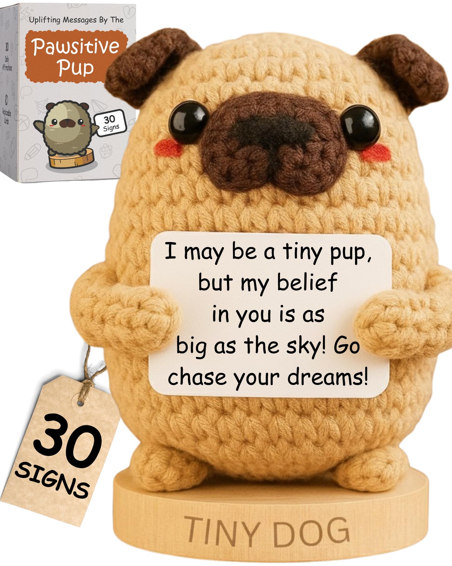 Dog lover Gifts for Women - Handmade Positive Crochet Animal W/ 30 Uplifting Signs - Funny Birthday Gifts for Dog Mom, Cute Present Idea for Women for Mothers Day, Emotional Support Office Desk Decor