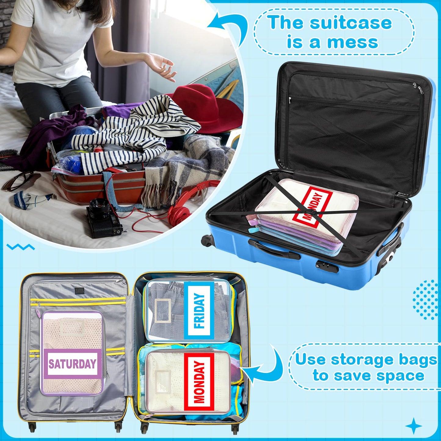 Honoson 7 Pack Packing Cubes for Travel Days of Week Packing Cubes with Labels Clear Zippered Storage Bag for Travel Summer Camp Essentials