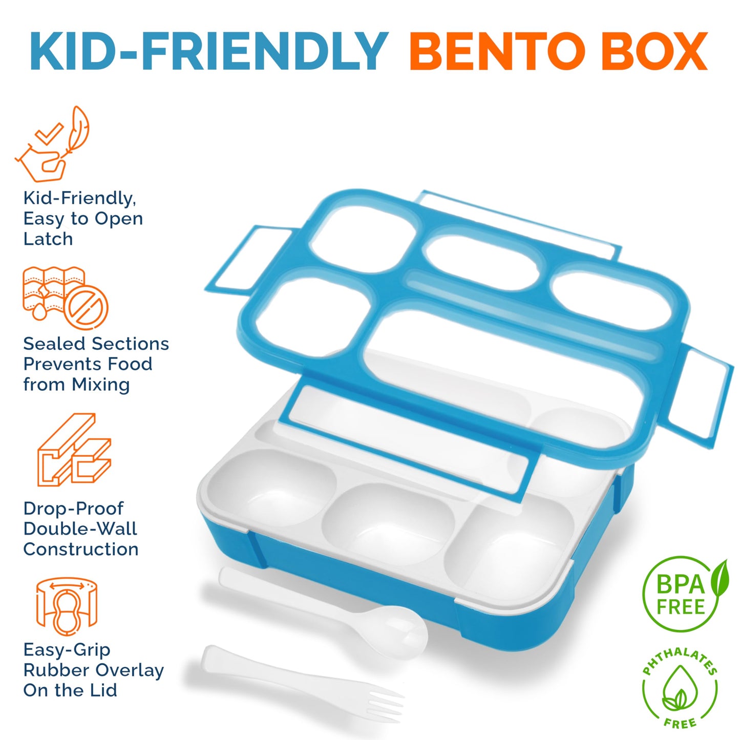 Bento Box Lunch-Box for Kids Adults, Snackle Box Snack Containers for Toddlers Daycare, Leakproof School Bentobox, 6 Section Meal Container for Boys Girls Women Lunches, BPA Free Utensils, Blue
