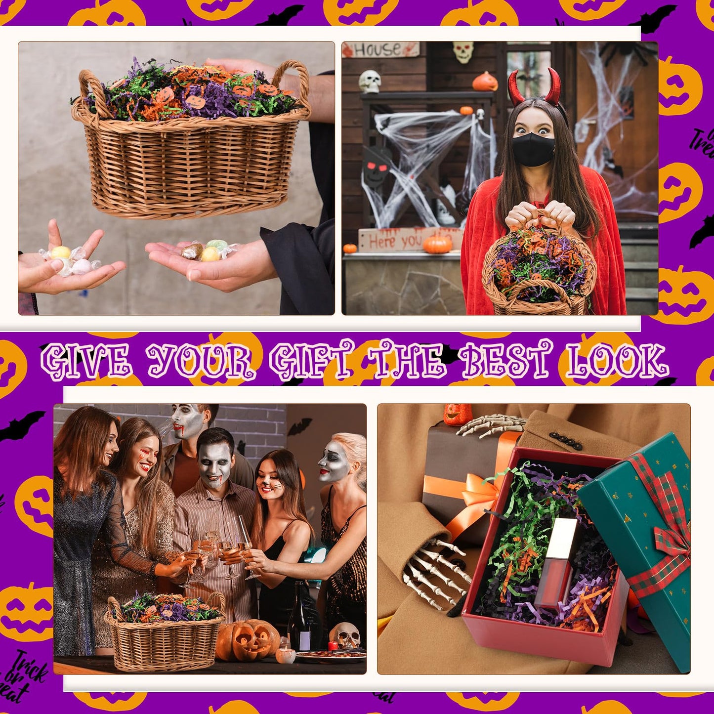 Kosiz 1 lb Halloween Crinkle Cut Paper Shred Black Orange Purple Raffia Paper Shred Filler with Pumpkin Confetti for Gift Wrapping Craft DIY Basket Box Trick or Treat Halloween Party Supply