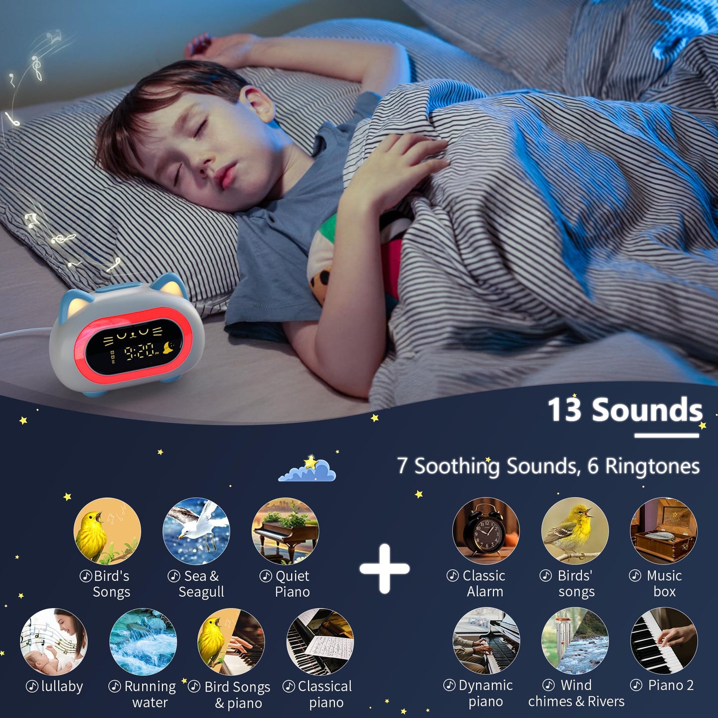 ANALOI Alarm Clock for Kids, Kids Alarm Clocks for Girls with Sleep Training Dual Alarm Eye Protection Auto Off Timer 10 Color Night Light, Cat Ok to Wake Clock, Gifts for Kids Girls