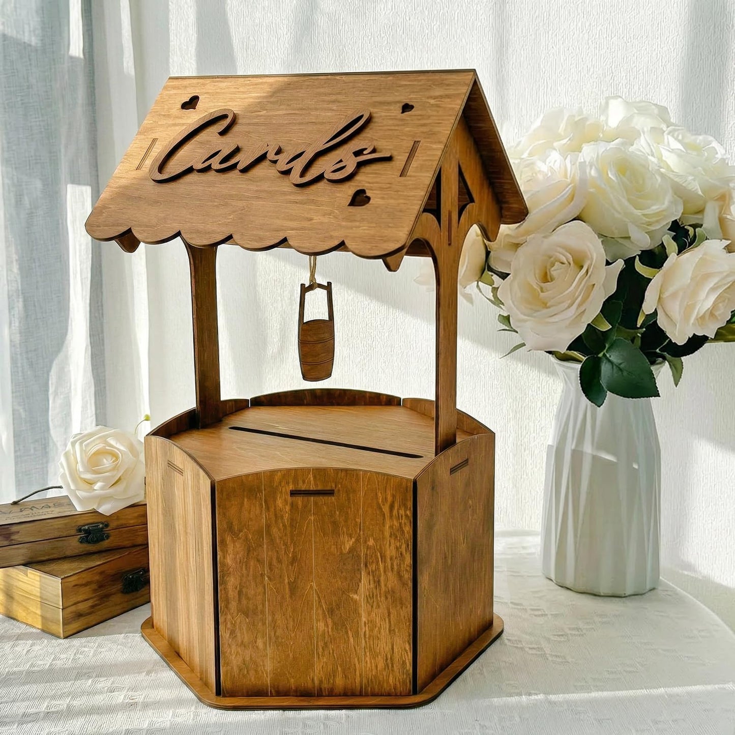 OurWarm Brown Wood Wishing Well Wedding Card Box for Reception, Rustic Wooden Boxes Money Gift Card Box for Party Wedding Decorations Birthday & Baby Shower Decor