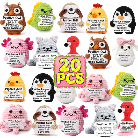 FANLANTEE 20 Pack Positive Crochet Animals Bulk,Mini Emotional Support Gifts for Office Desk,Team Motivation,Employee Appreciation,Special Moments for Women Men